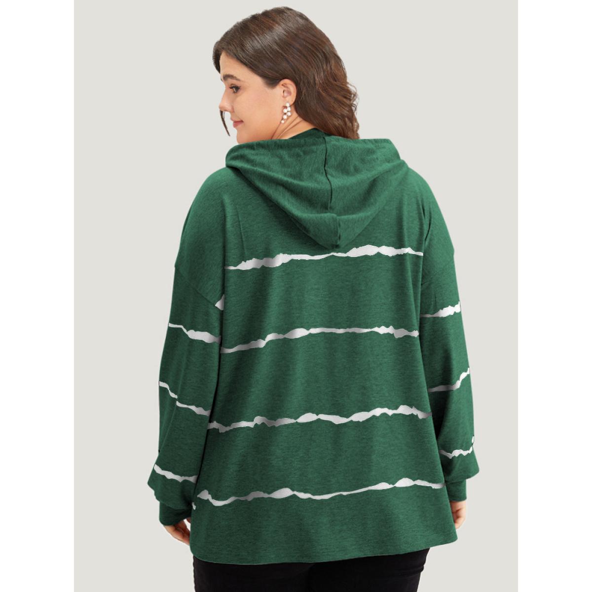 Plus Size Striped Drawstring Hooded Button Up Sweatshirt Women Green Casual Elastic cuffs Hooded Dailywear Sweatshirts BloomChic 10/M Product Image