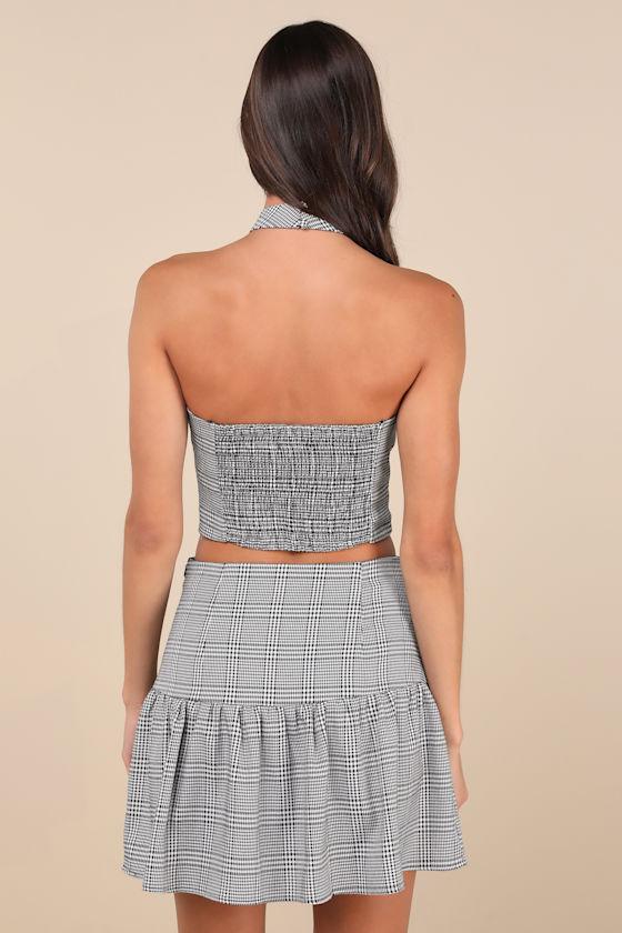 Trendy Momentum Black and White Plaid Backless Halter Top Product Image