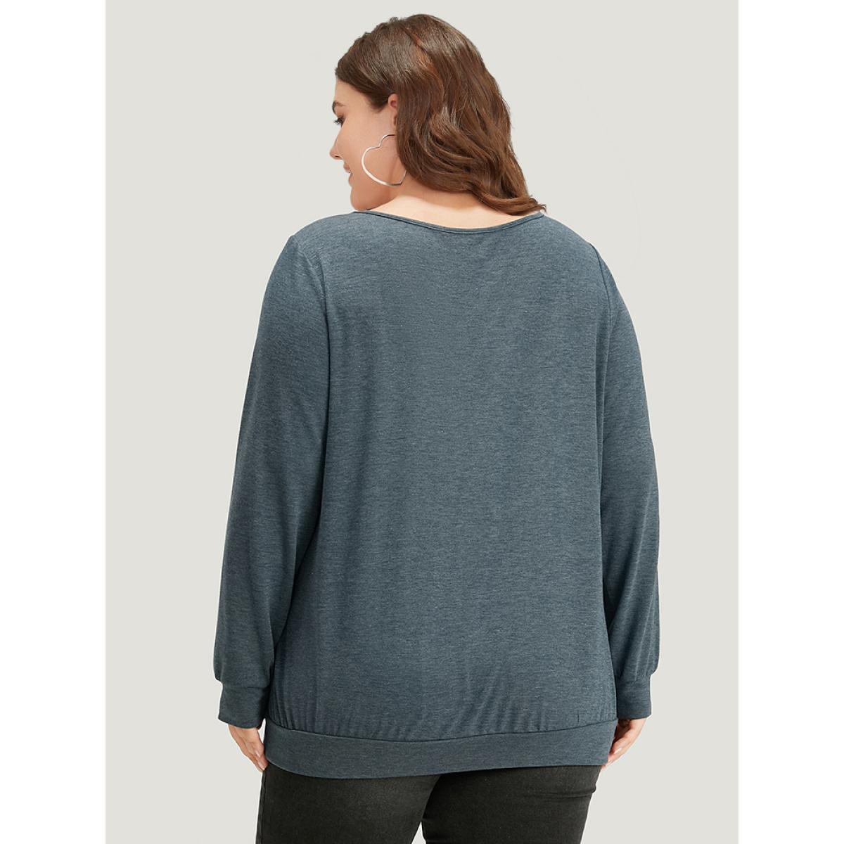 Plus Size Plain Twist Front Keyhole Sweatshirt Women Navy Casual Plain V-neck Dailywear Sweatshirts BloomChic 12/L Product Image