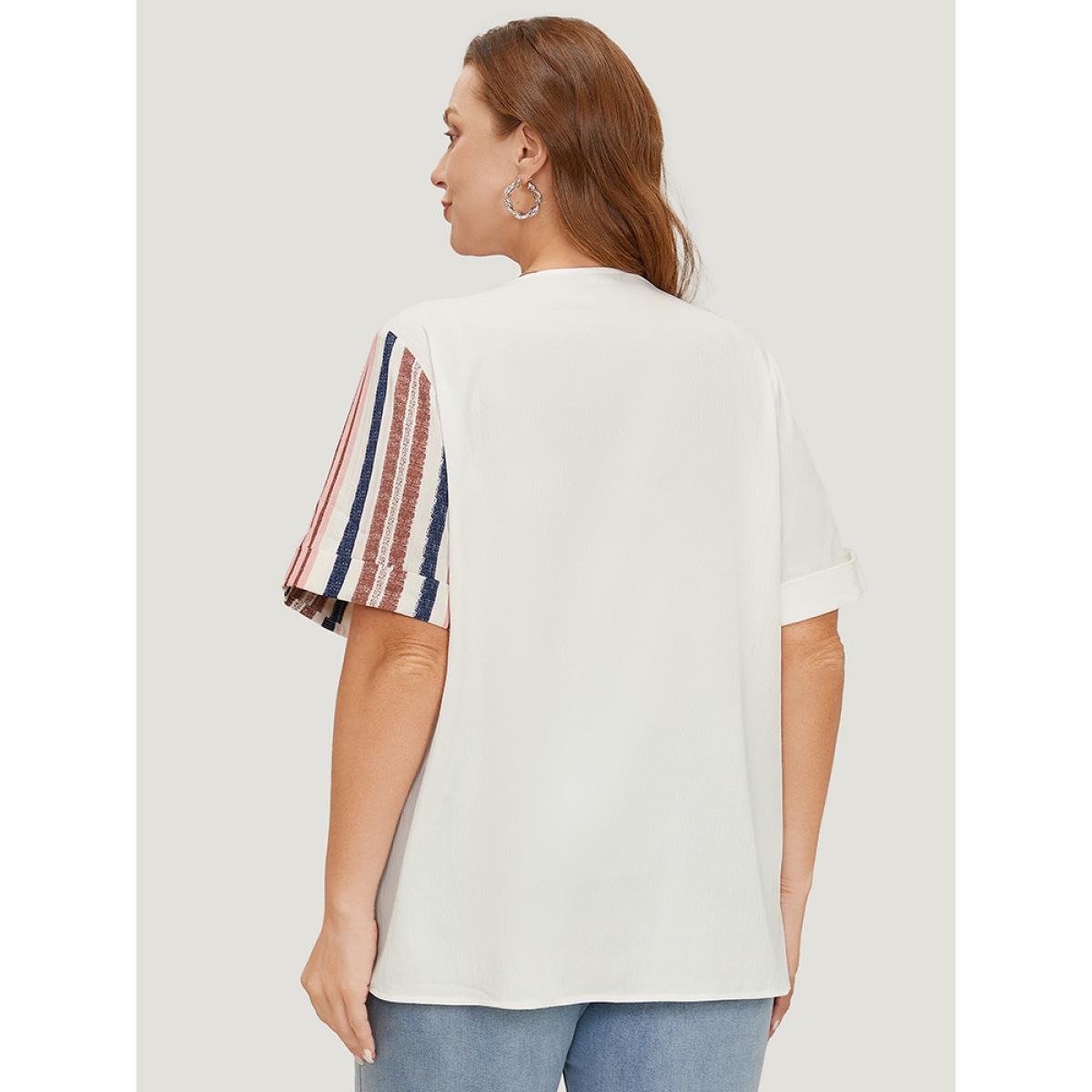 Plus Size White Striped Patchwork Roll Sleeve Button Detail Wrap Blouse Women Elegant Short sleeve V-neck Dailywear Blouses BloomChic 12/L Product Image