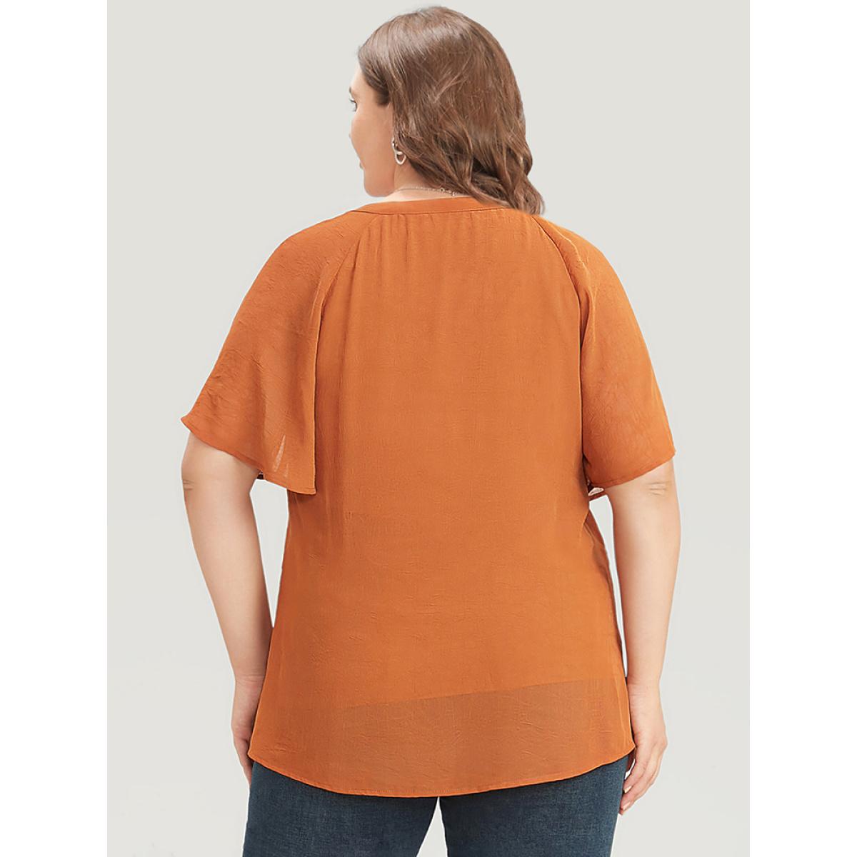 Plus Size Maroon Solid Notched Pleated Mesh Raglan Sleeve Blouse Women Casual Short sleeve V-neck Dailywear Blouses BloomChic 26/4X Product Image