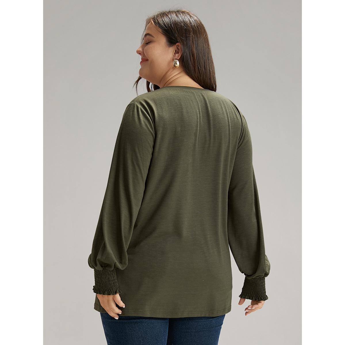 Plus Size Plain V Neck Gathered Shirred Sleeve T-shirt ArmyGreen Women Casual Elastic cuffs Plain V-neck Everyday T-shirts BloomChic 10/M Product Image