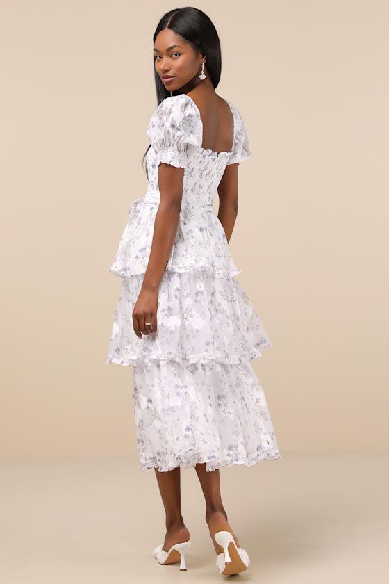 Darling Posture White Floral Tiered Puff Sleeve Midi Dress Product Image