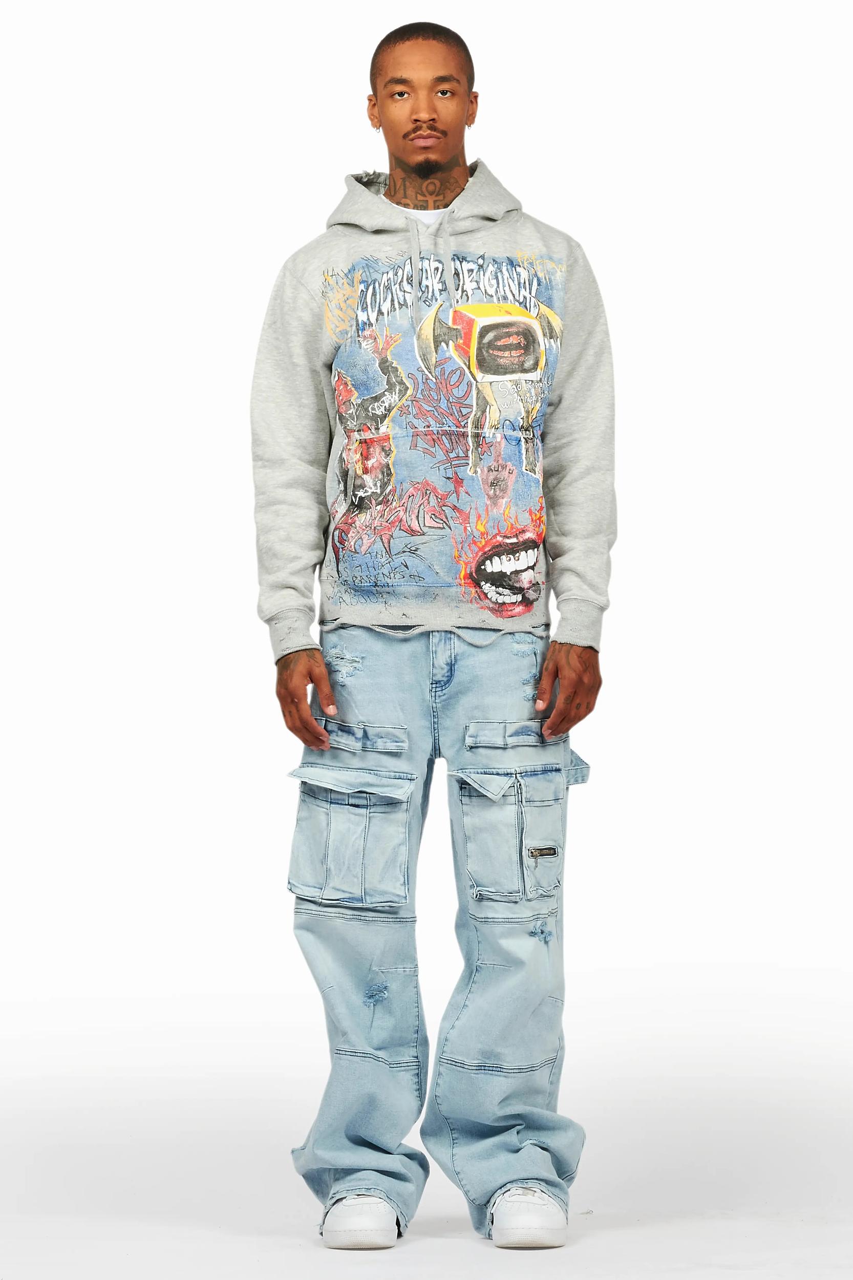 Yooz Heather Grey Hoodie & Deco Stacked Flare PU Jean Bundle Male Product Image