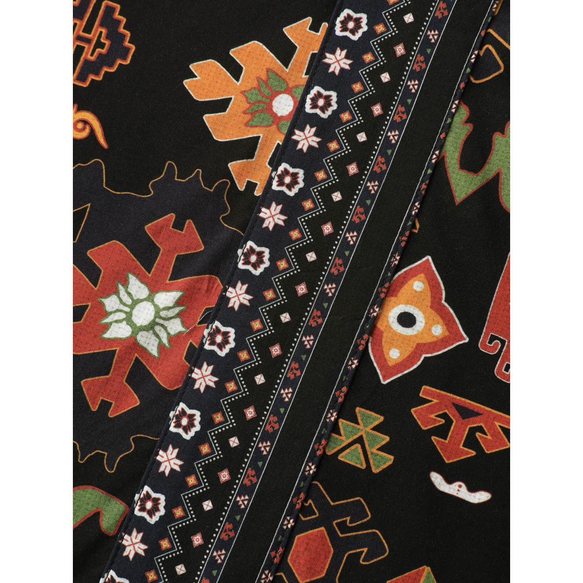 Plus Size Black Boho Geometric Pattern Split Neck Blouse Women Boho Long Sleeve Flat collar with V-notch Vacation Blouses BloomChic 10/M Product Image