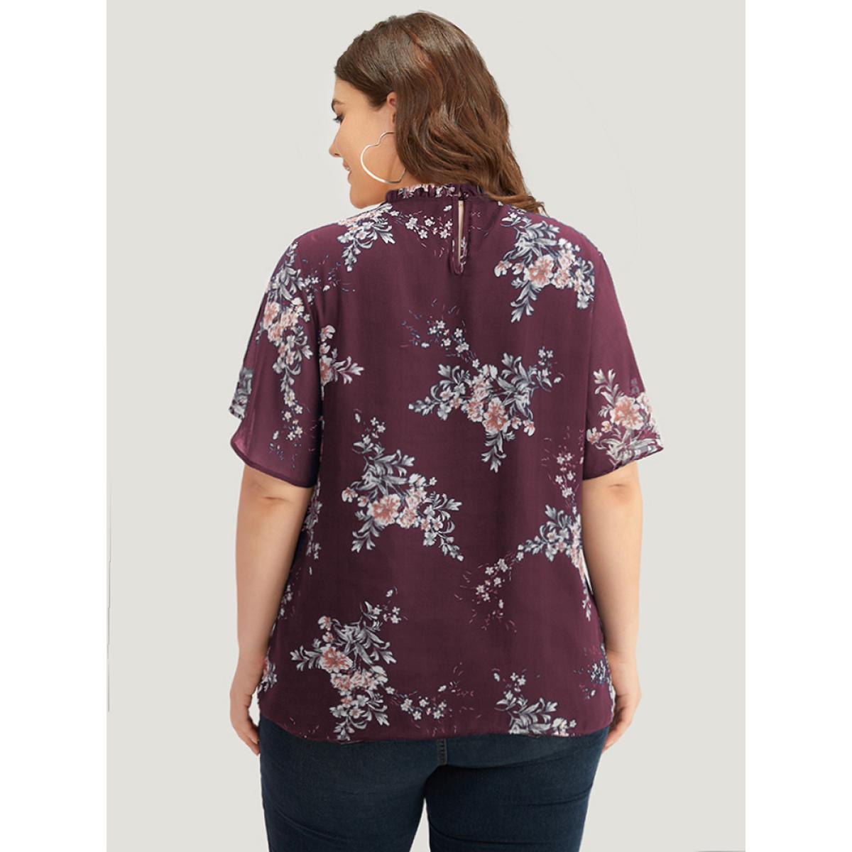 Plus Size Burgundy Floral Print Frill Trim Shirred Flutter Sleeve Blouse Women Elegant Short sleeve Round Neck Dailywear Blouses BloomChic 30/6X Product Image