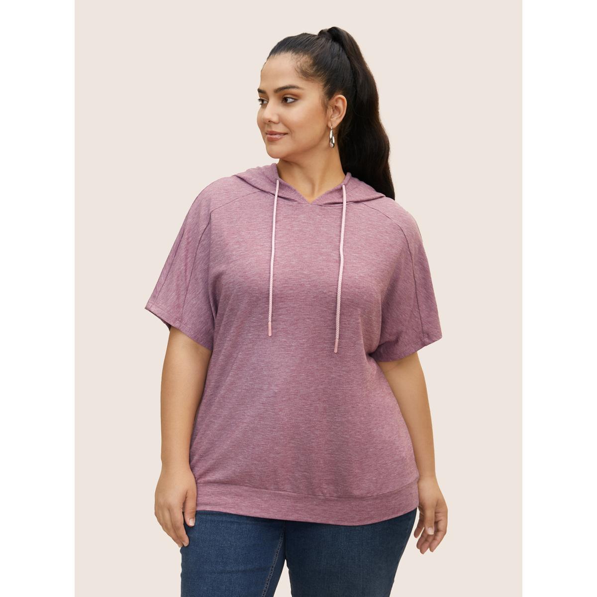 Plus Size Plain Hooded Drawstring Raglan Sleeve T-shirt Mauve Women Casual Drawstring Hooded Everyday T-shirts BloomChic 14-16/1X Product Image
