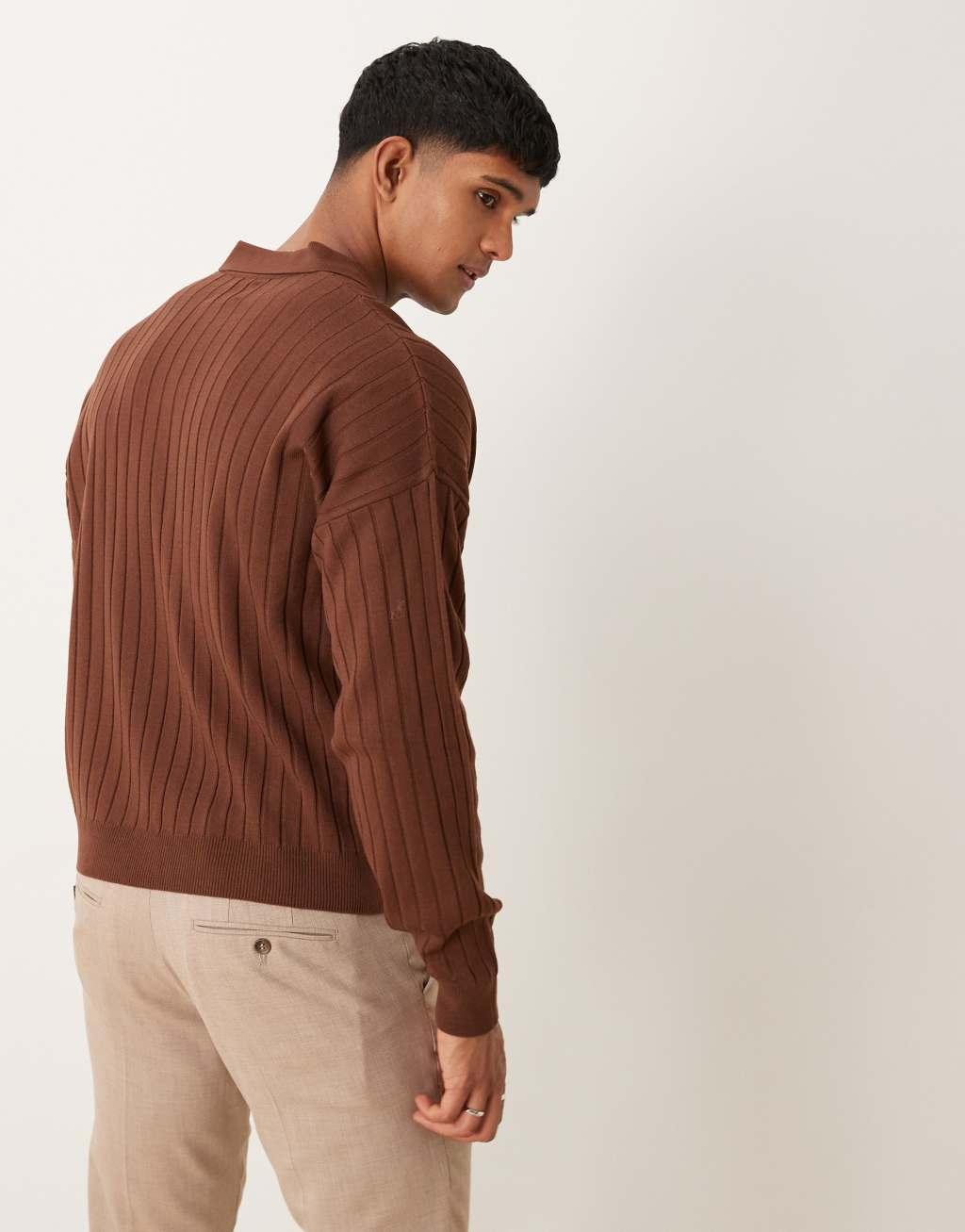 ASOS DESIGN relaxed knit boxy fit long sleeve ribbed notch neck polo in brown Product Image