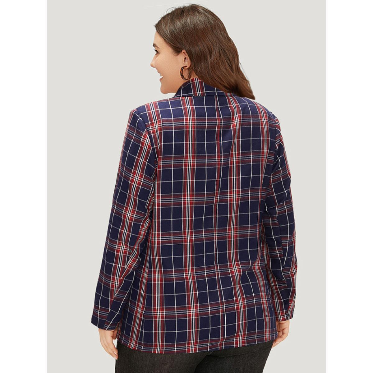 Plus Size Plaid Suit Collar Button Up Pocket Blazer Indigo Women Dailywear Plaid Contrast Sleeve Long Sleeve Suit Collar 14-16/1X Pocket Casual Blazers BloomChic Product Image