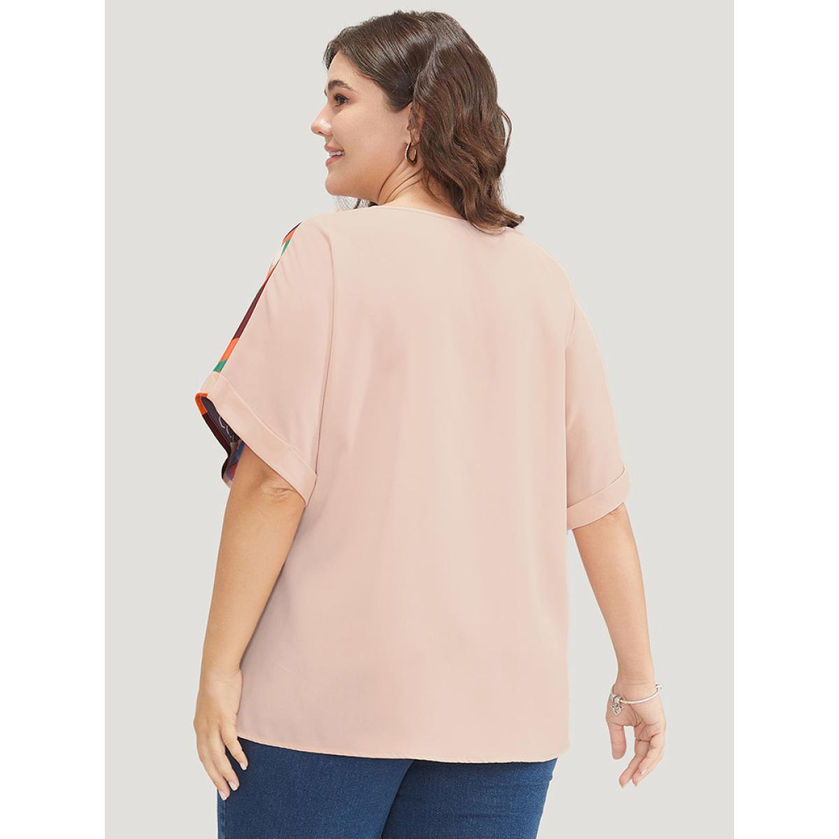 Plus Size Multicolor Geometric Contrast Batwing Sleeve Button Detail Wrap Blouse Women Office Short sleeve V-neck Work Blouses BloomChic 10/M Product Image