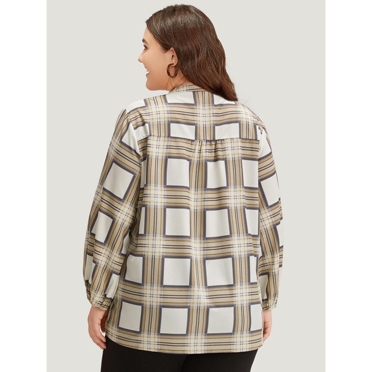 Plus Size Tan Plaid Shirred Notched Button Up Blouse Women Work From Home Long Sleeve V-neck Office Blouses BloomChic 28/5X Product Image
