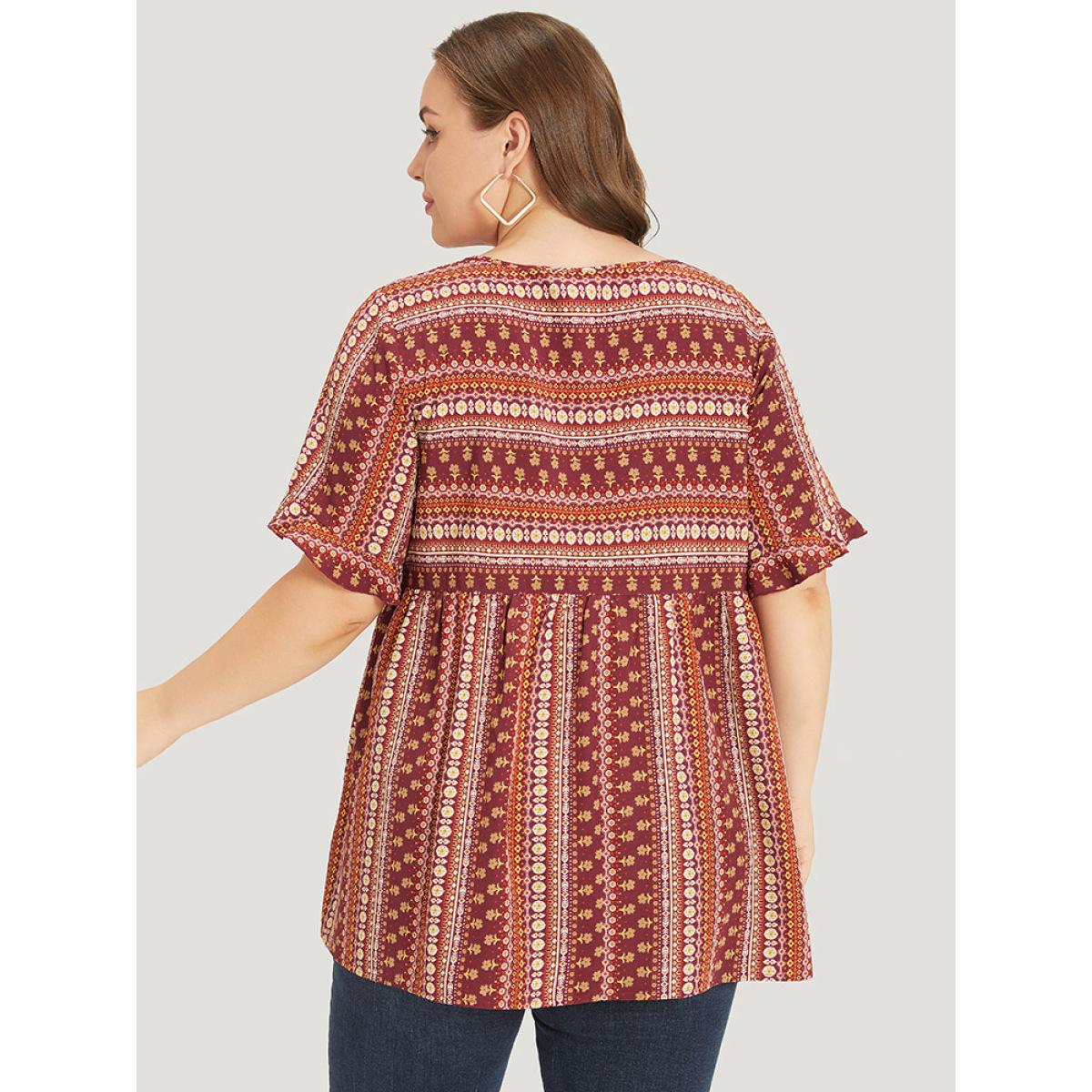 Plus Size Russet Bandana Patchwork Ruffle Sleeve Blouse Women Vacation Short sleeve Round Neck Dailywear Blouses BloomChic 10/M Product Image