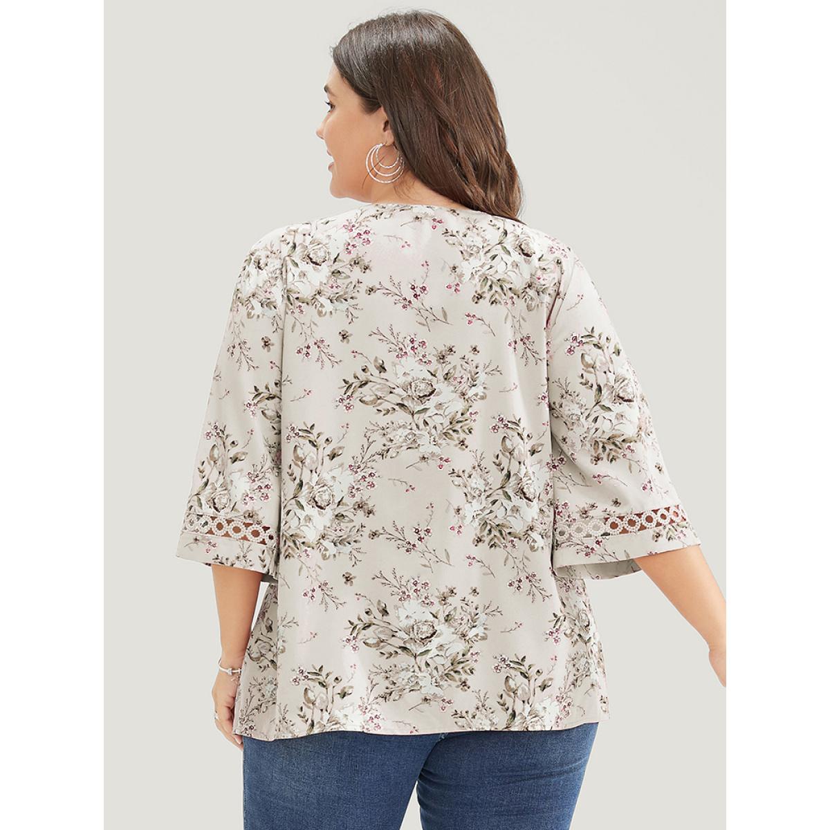 Plus Size Apricot Floral Flounce Sleeve Crochet Lace Blouse Women Elegant Elbow-length sleeve V-neck Dailywear Blouses BloomChic 22-24/3X Product Image
