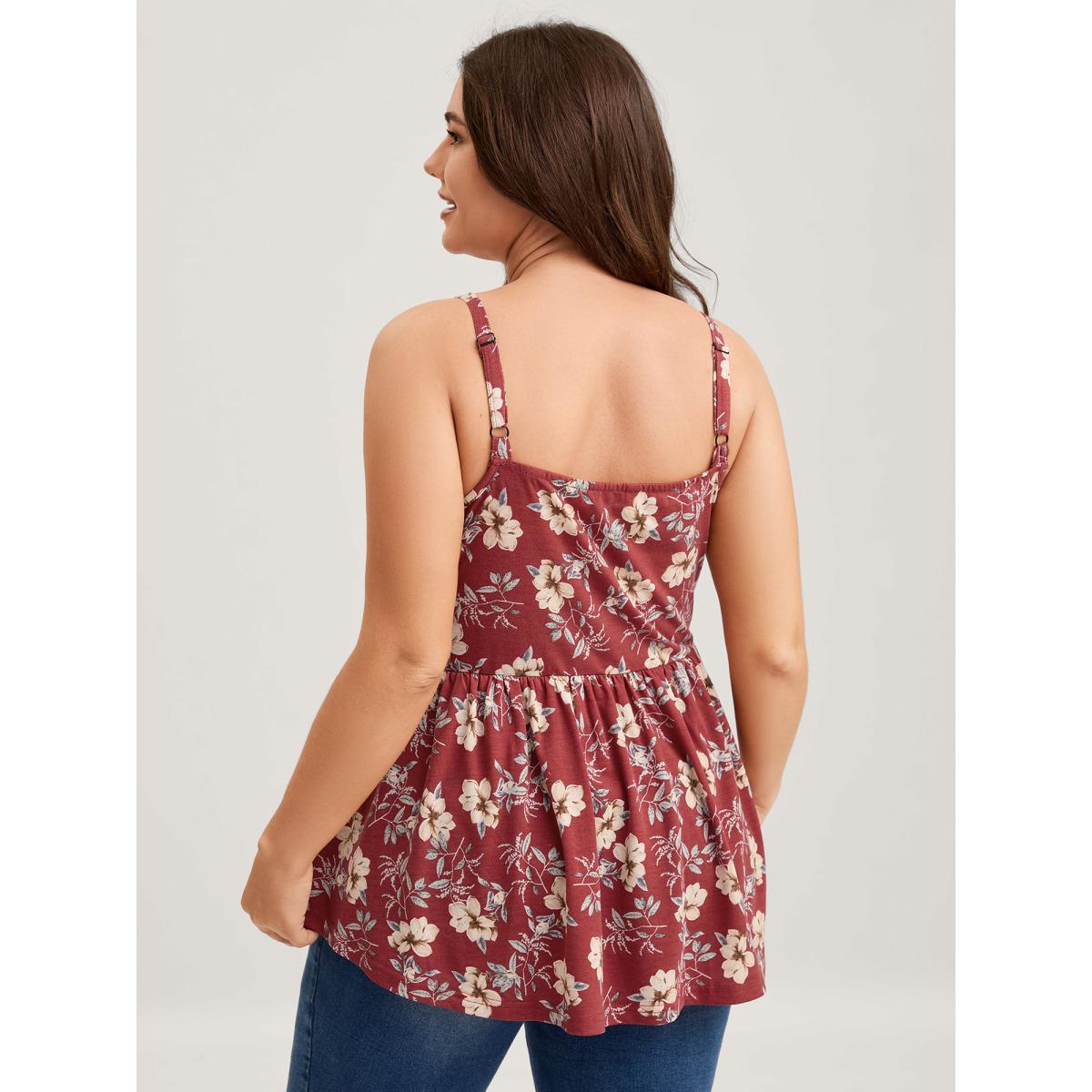 Plus Size Fall Florals Ruffled Neck-Tie Tank Top Women OrangeRed Leisure V-neck Casual Tank Tops Camis BloomChic 18-20/2X Product Image