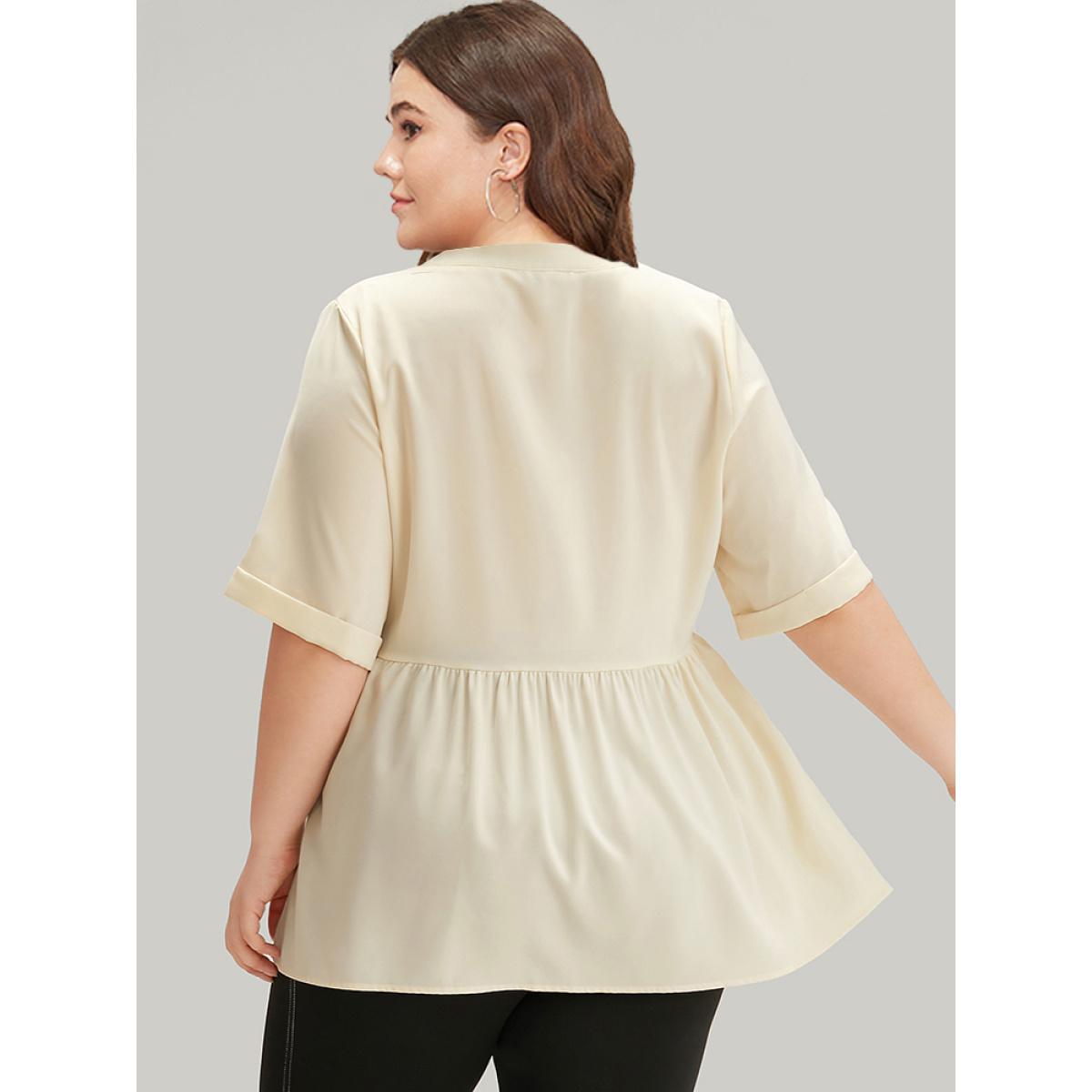 Plus Size Ivory Anti-Wrinkle Lace Up Notched Gathered Blouse Women Office Half Sleeve Tie Neck Work Blouses BloomChic 30/6X Product Image