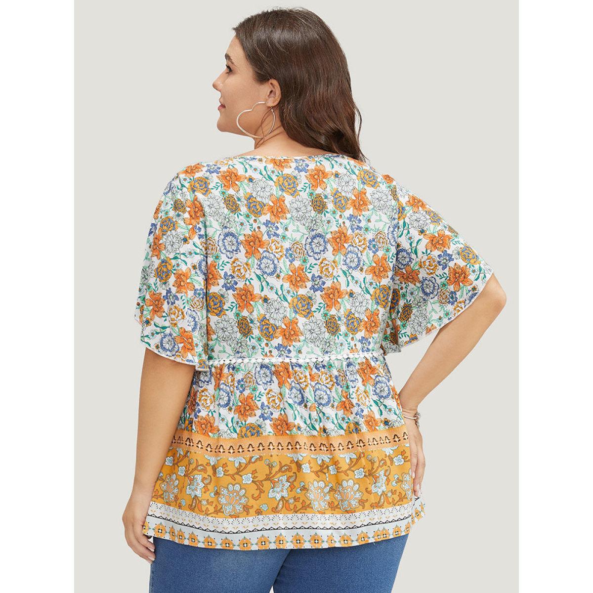 Plus Size Gold Bandana Print Petal Sleeve Tie Neck Pompom Trim Blouse Women Vacation Short sleeve Tie Neck Dailywear Blouses BloomChic 14-16/1X Product Image