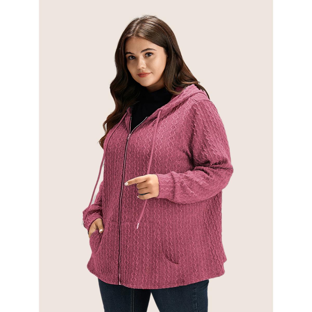 Plus Size Plain Textured Zipper Hooded Sweatshirt Women DustyPink Casual Non Hooded Everyday Sweatshirts BloomChic 30/6X Product Image