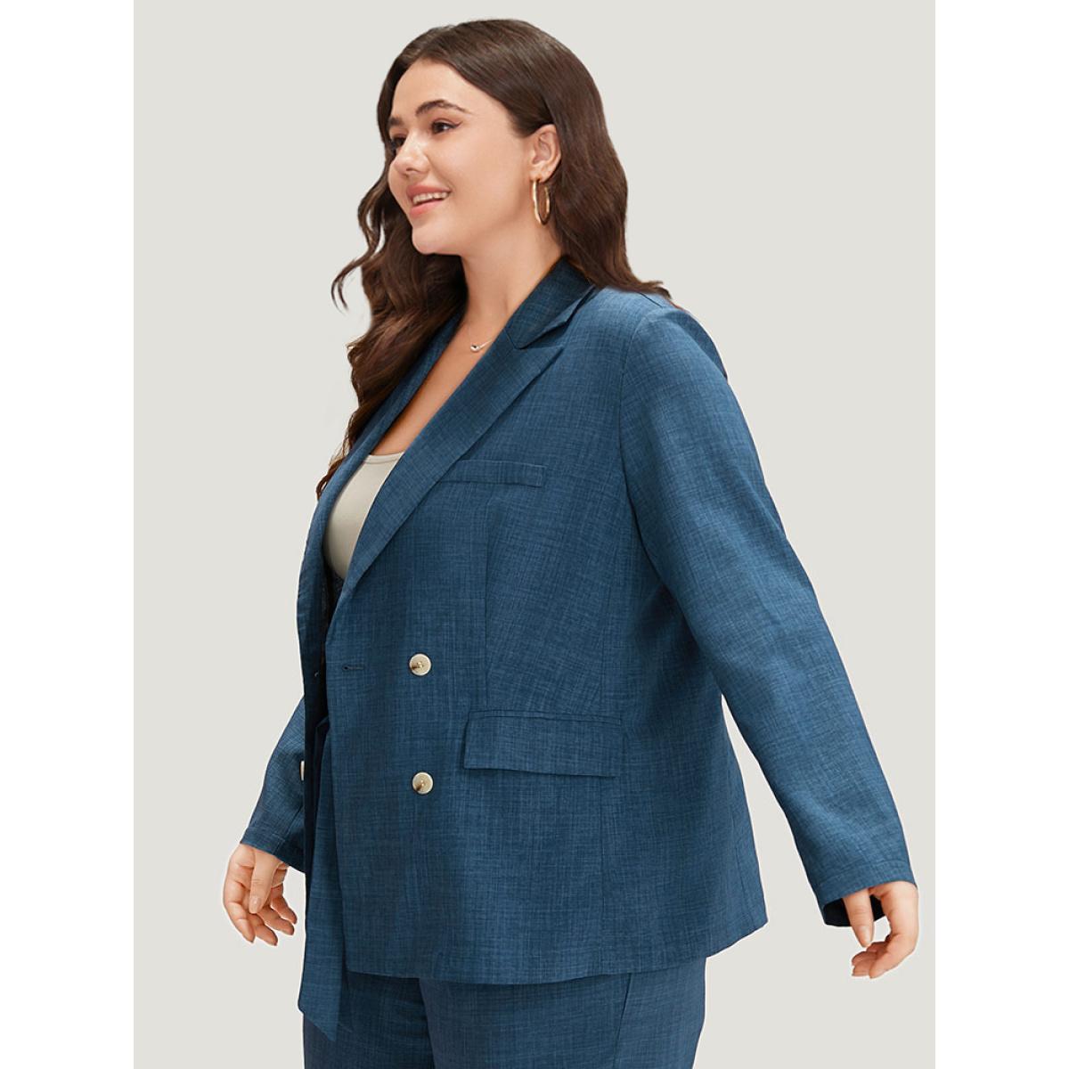 Plus Size Solid Double Breasted Suit Collar Flap Pocket Blazer Indigo Women Office Plain Texture Sleeve Long Sleeve Suit Collar 10/M Pocket At the Office Blazers BloomChic Product Image