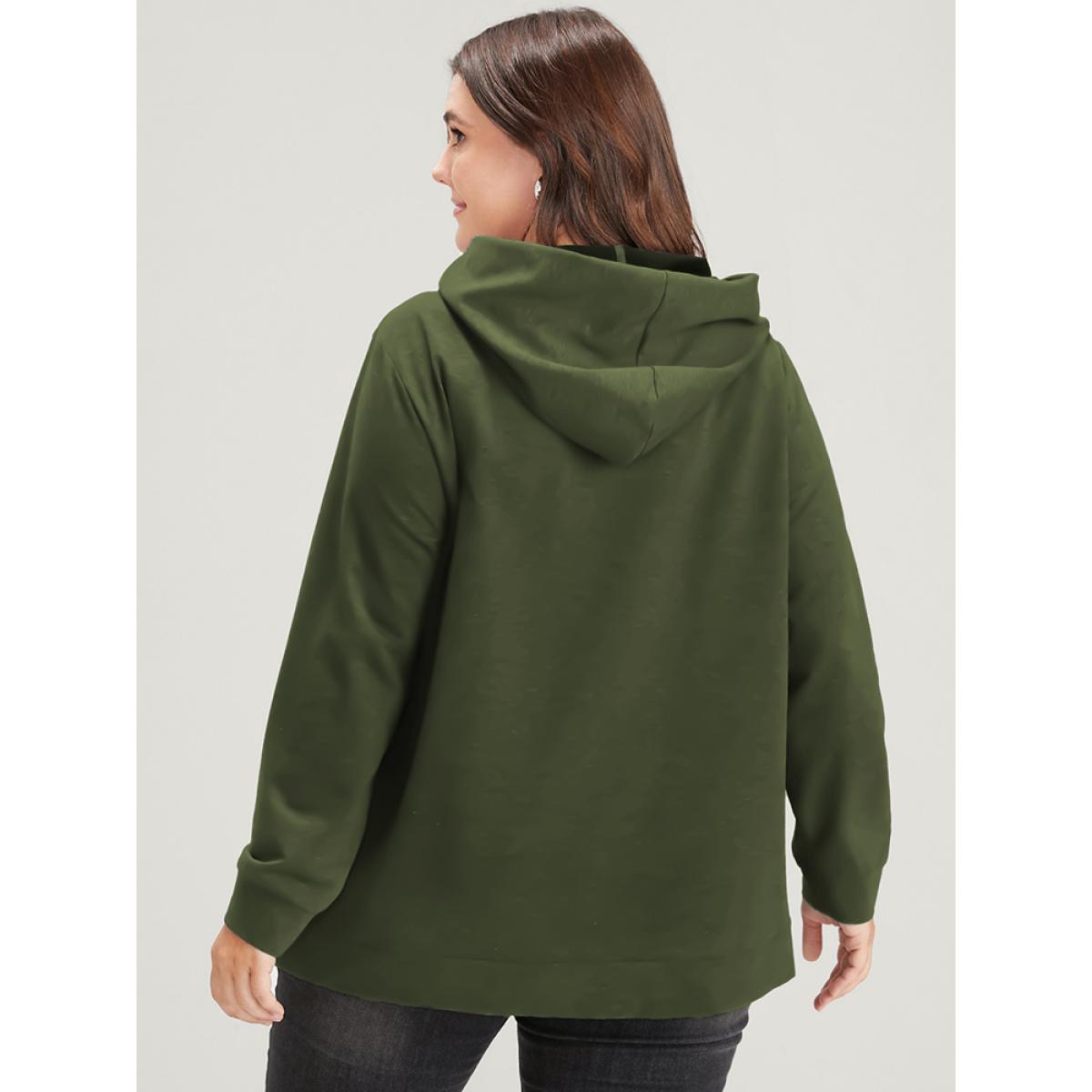 Plus Size Heart Print Drop Shoulder Pocket Drawstring Hooded Sweatshirt Women ArmyGreen Casual Plain Hooded Dailywear Sweatshirts BloomChic 26/4X Product Image