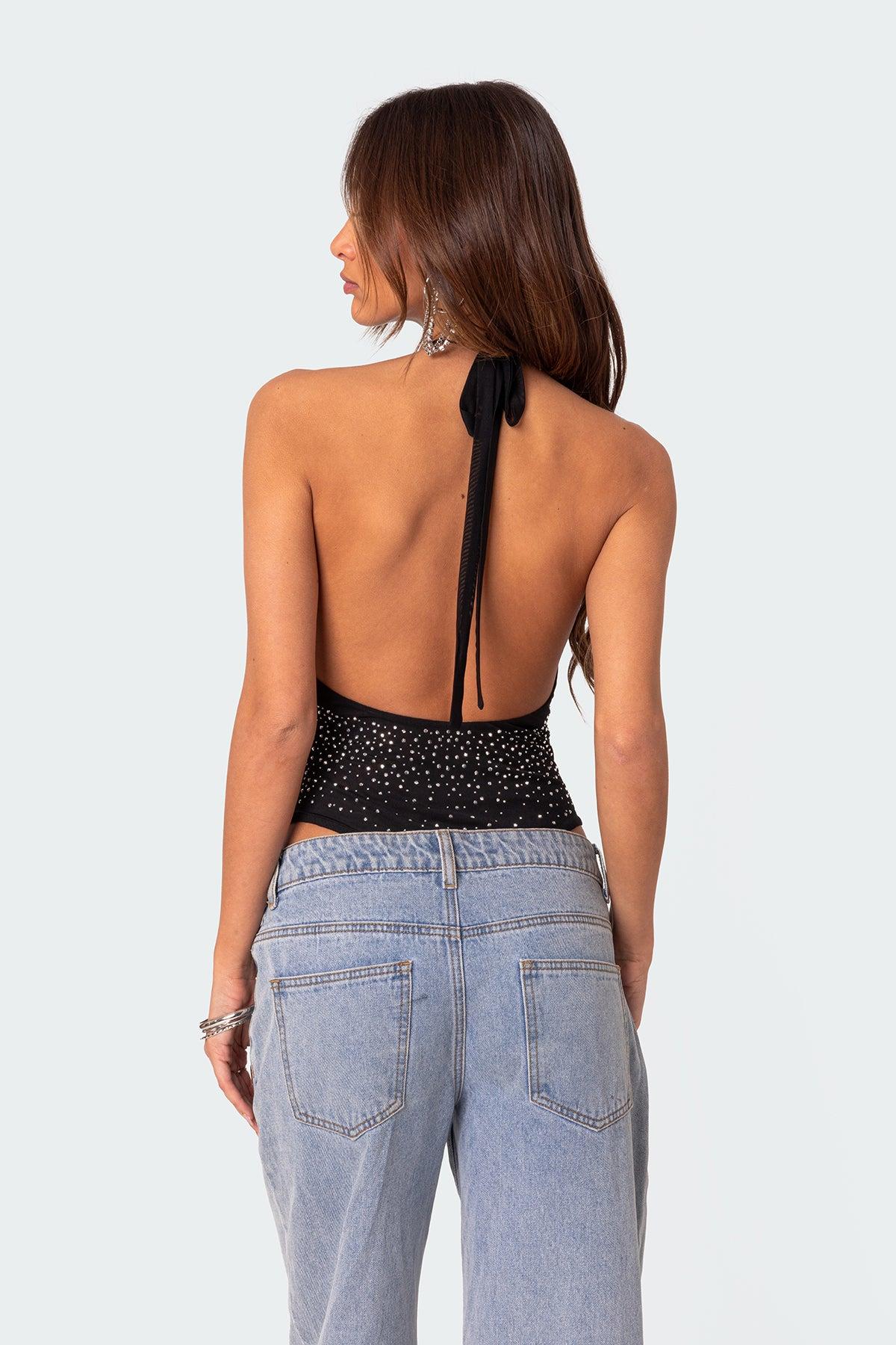 Open Back Mesh Rhinestone Bodysuit Product Image