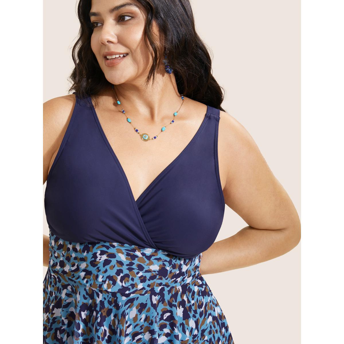 Plus Size V Neck Leopard Print Patchwork Swim Dress Women's Swimwear Indigo Beach Bodycon Overlap Collar High stretch Curve Swim Dresses BloomChic 14-16/1X Product Image
