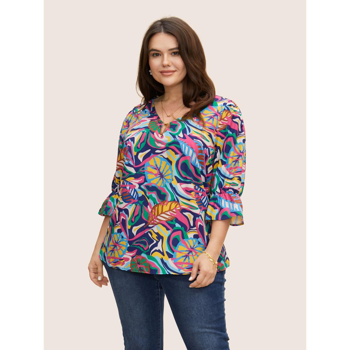 Plus Size Multicolor Tropical Print Notched Lantern Sleeve Blouse Women Elegant Elbow-length sleeve Notched collar Everyday Blouses BloomChic 12/L Product Image