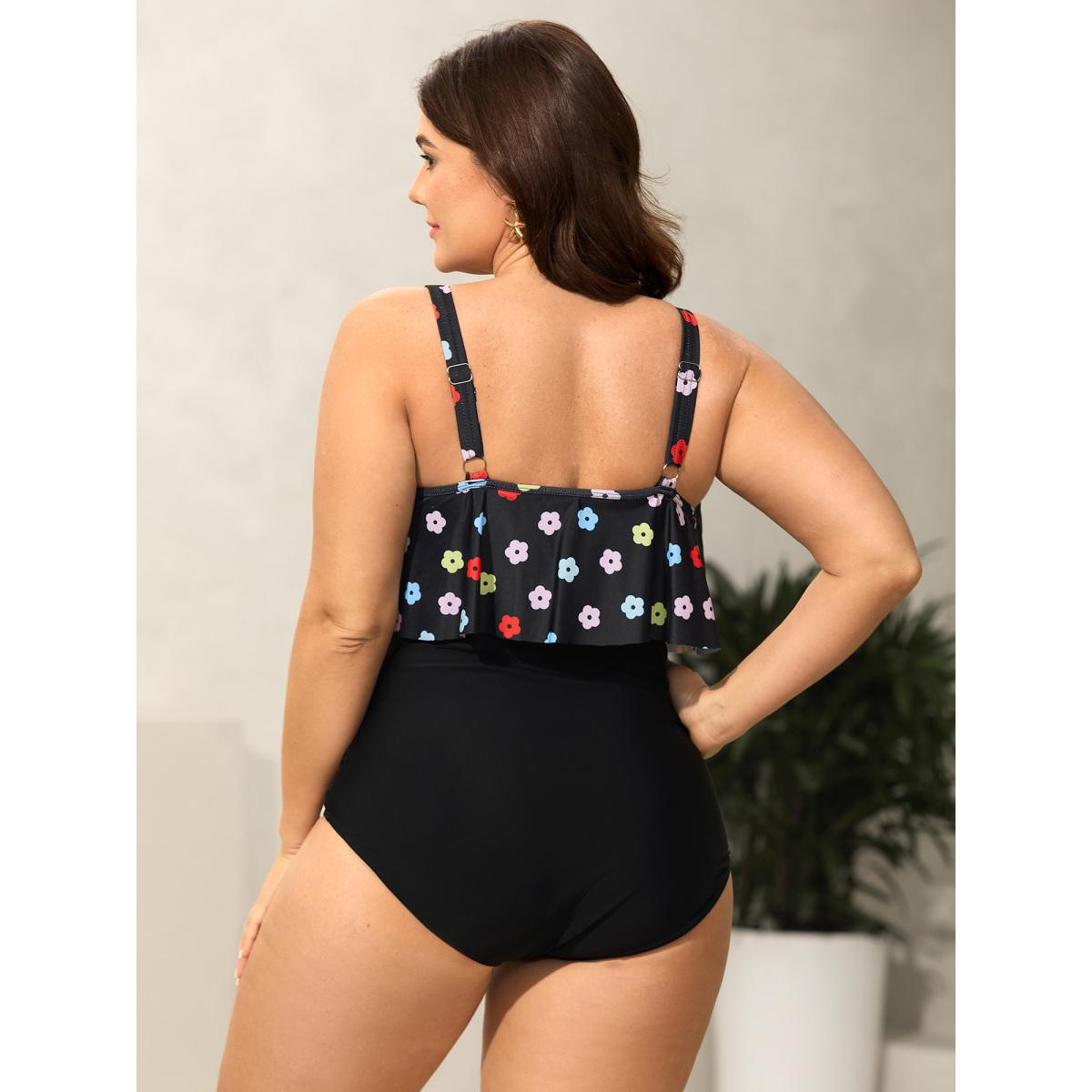 Plus Size Colorful Floral Layered One-Piece Swimsuit Women's Swimwear Black Beach Contrast Curve Bathing Suits High stretch One Pieces BloomChic 18-20/2X Product Image
