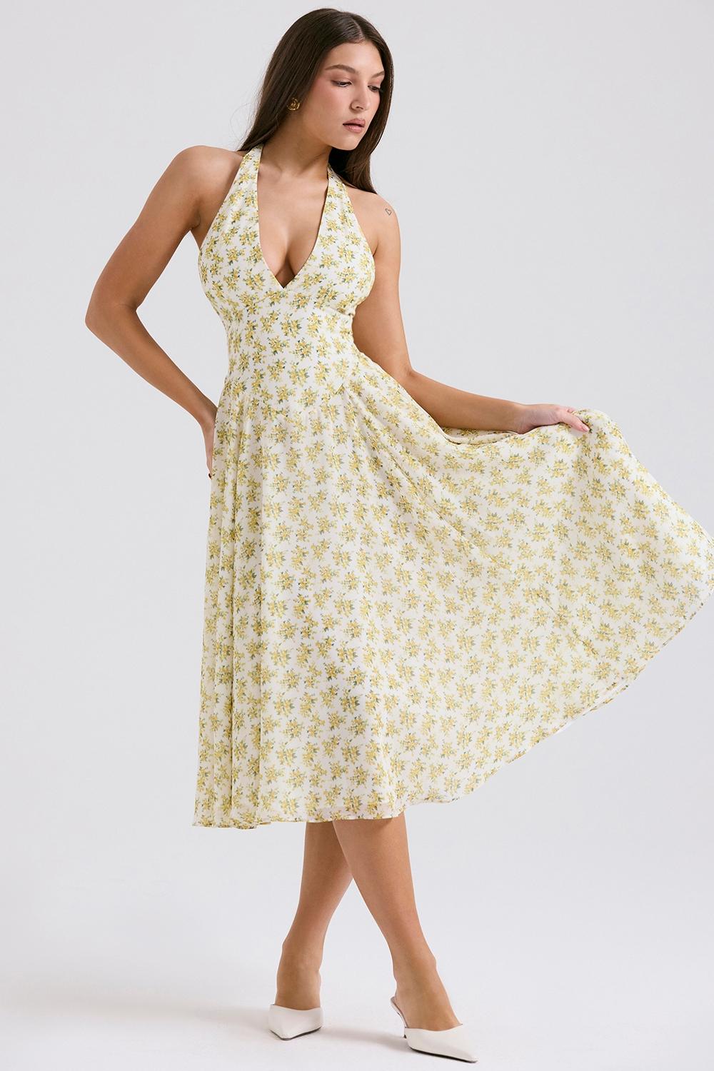 Solada  ivory vintage floral print georgette halter sundress Product Image