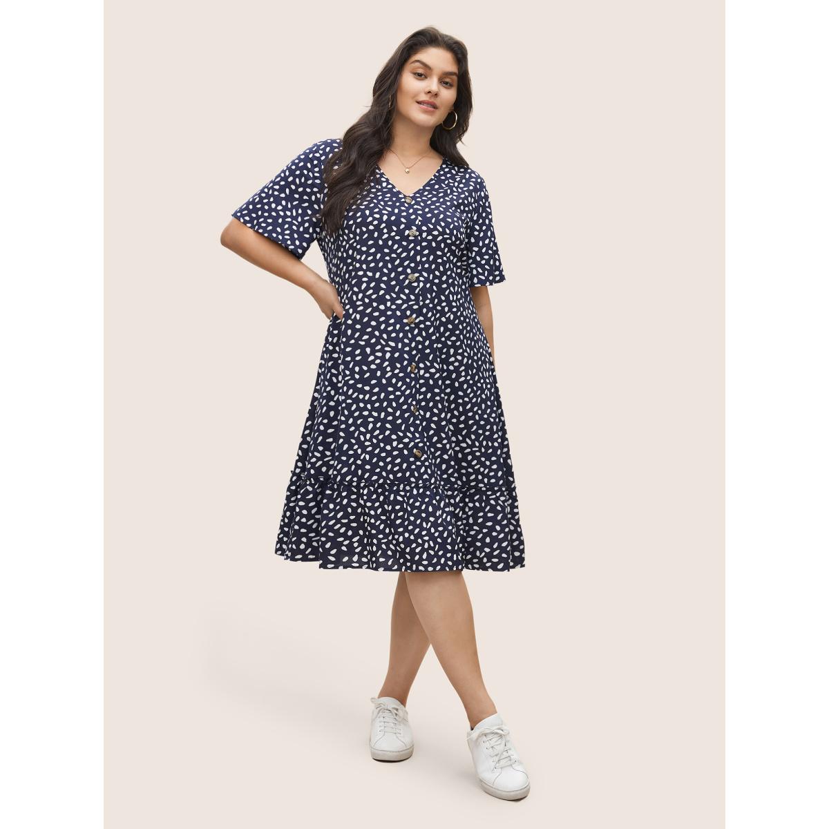 Plus Size Polka Dot Button Detail Flutter Layered Hem Dress DarkBlue Women Casual Non V-neck Short sleeve Curvy Midi Dress BloomChic 18-20/2X Product Image