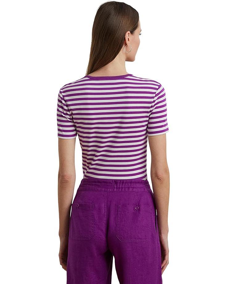Striped Cotton Elbow-sleeve V-neck Tee Product Image