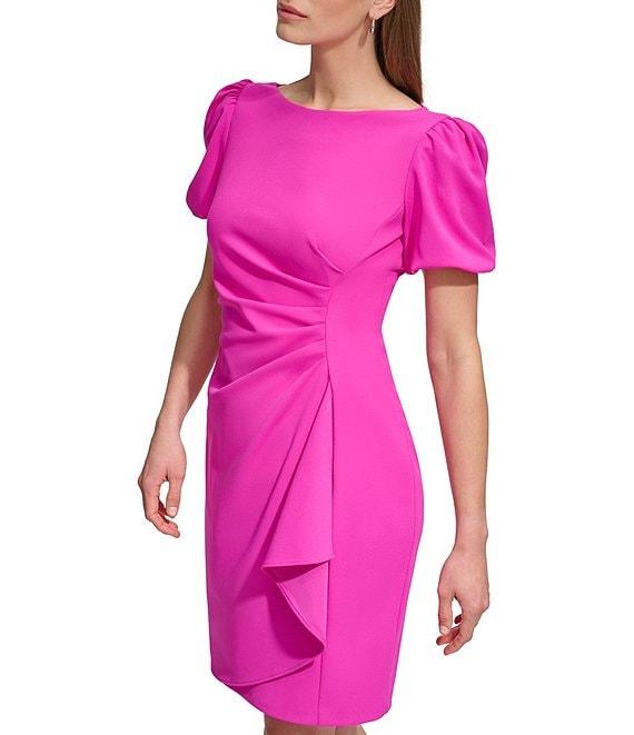DKNY by Donna Karan Scuba Crepe Short Bubble Sleeve Ruched Front Sheath Dress Product Image