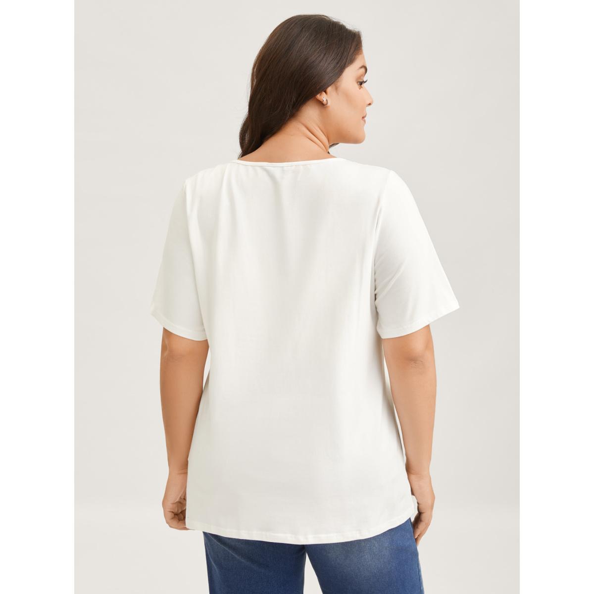 Plus Size Cotton V Neck Plain Basic T-shirt White Women Leisure Non Plain V-neck Casual T-shirts BloomChic 12/L Product Image