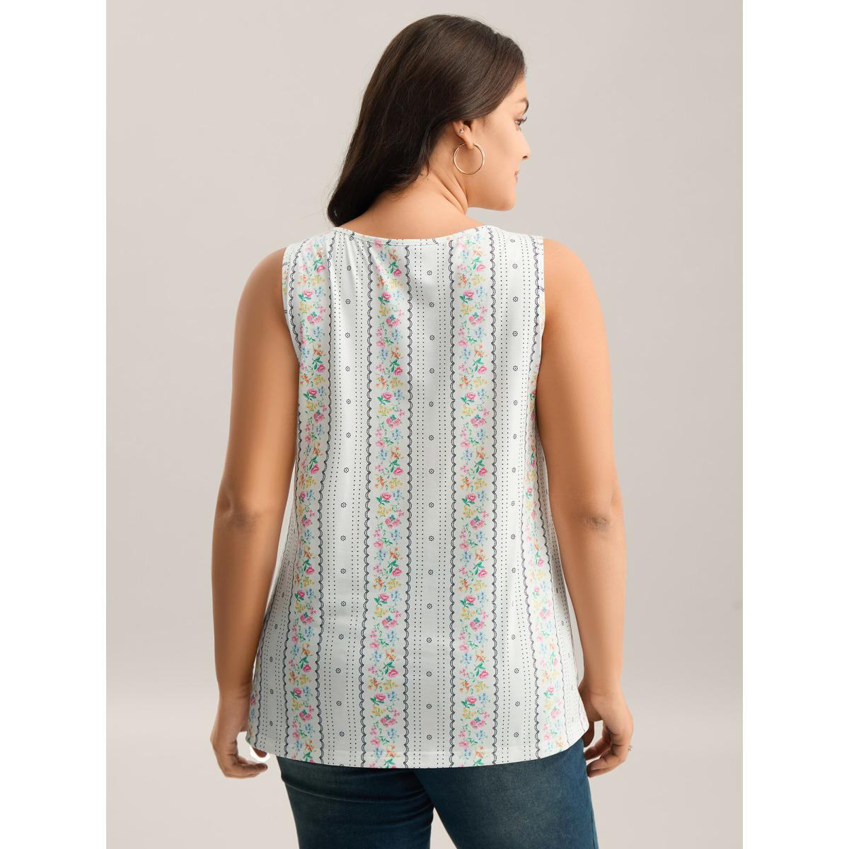 Plus Size Floral Print Panels Fitted Tank Top Women Originalwhite Leisure Non Round Neck Casual Tank Tops Camis BloomChic 26/4X Product Image