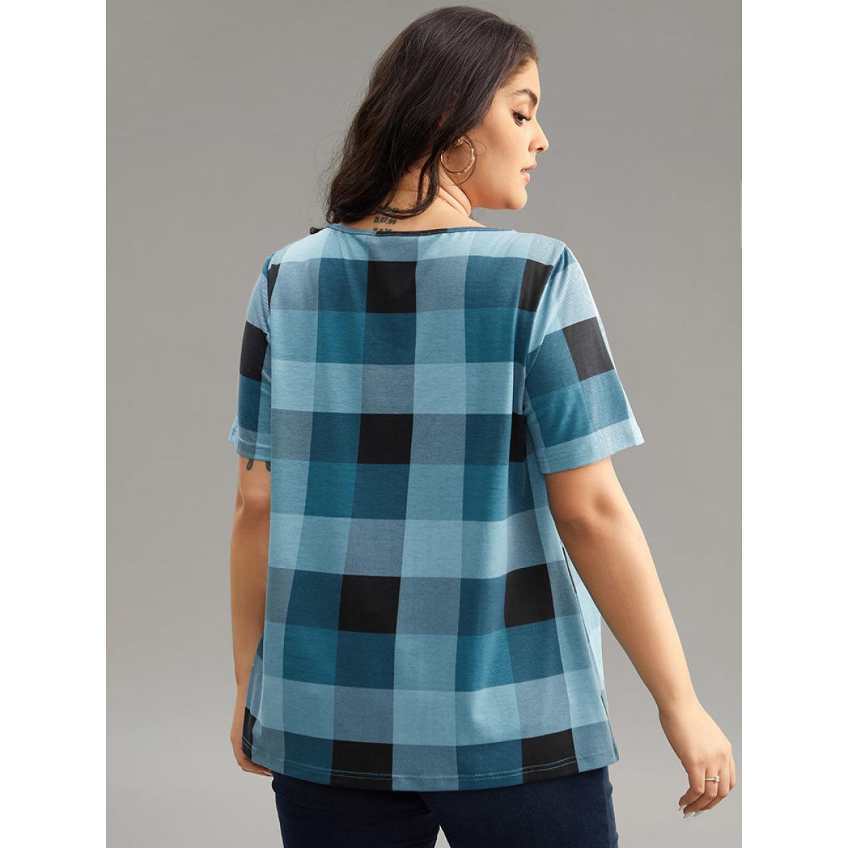 Plus Size Plaid Round Neck Gathered T-shirt Blue Women Casual Gathered Plaid Round Neck Everyday T-shirts BloomChic 12/L Product Image