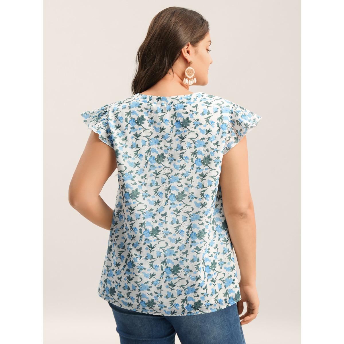 Plus Size LightBlue Embroidered Floral Split Neck Tank Top Women Short sleeve Flat collar with V-notch Vacation Blouses BloomChic 30/6X Product Image
