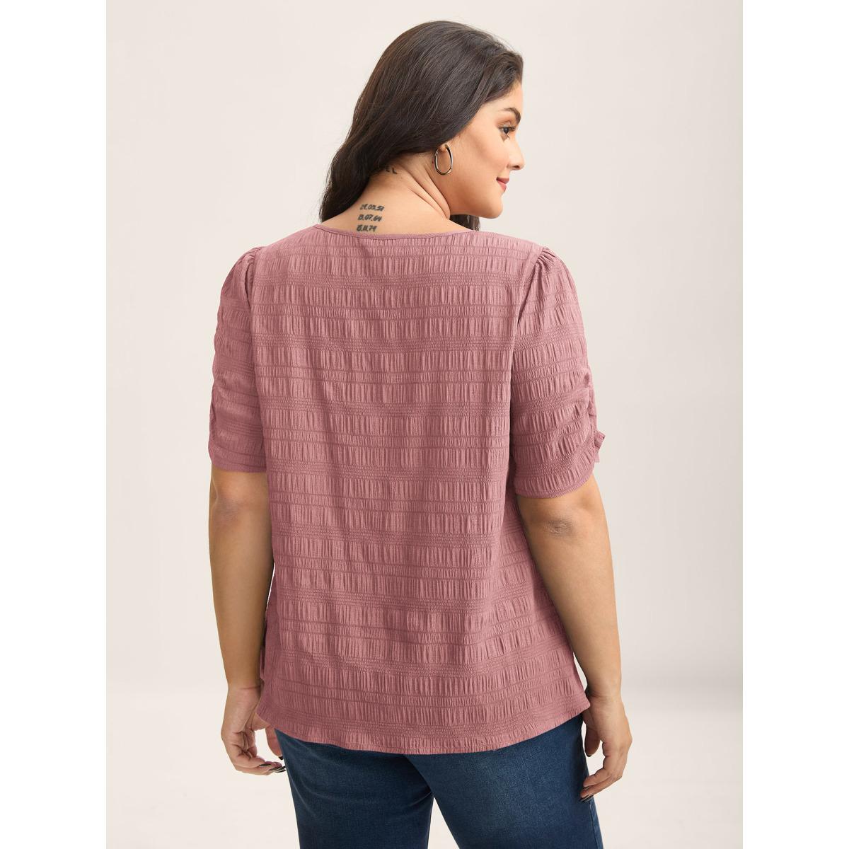 Plus Size Rouge Textured Gathered Sleeve Split Neck Blouse Women Office Short sleeve Asymmetrical Neck Office Blouses BloomChic 30/6X Product Image