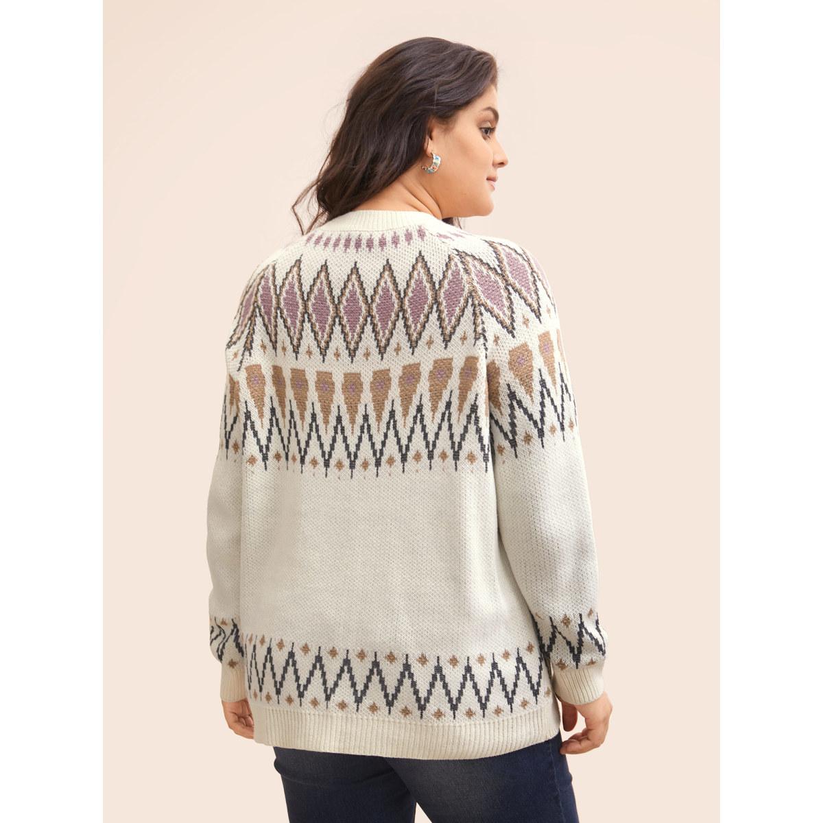 Plus Size Fair Isle Jacquard Crew Neck Pullover Beige Women Casual Long Sleeve Round Neck Everyday Pullovers BloomChic 18-20/2X Product Image