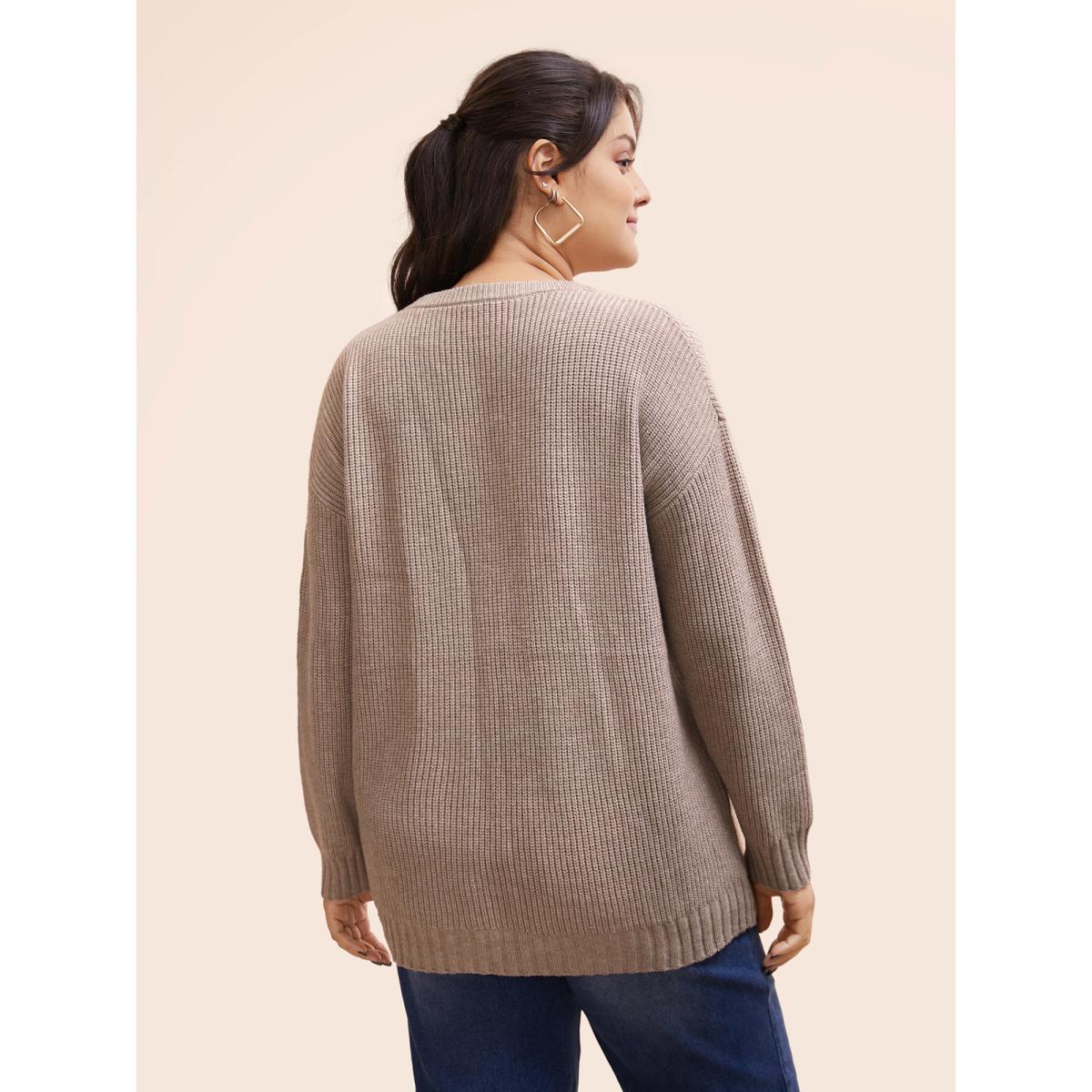 Plus Size Solid Round Neck Drop Shoulder Pullover Tan Women Casual Long Sleeve Round Neck Everyday Pullovers BloomChic 12/L Product Image