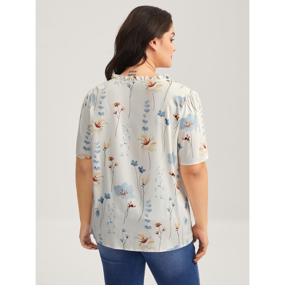 Plus Size Originalwhite Floral Print Ruffled Placket Blouse Women Short sleeve Non Everyday-Casual Blouses BloomChic 14-16/1X Product Image
