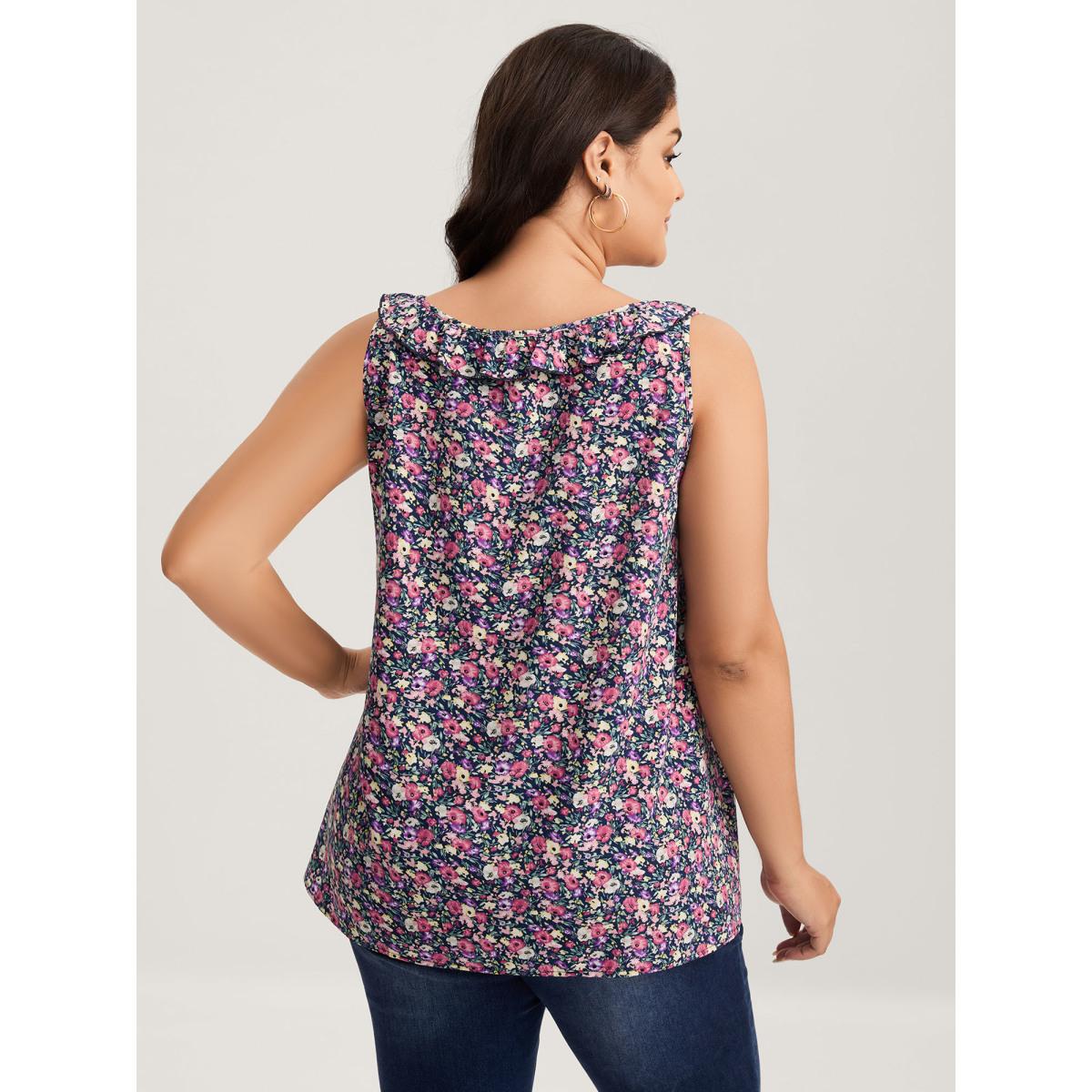 Plus Size Floral Print Lotus Neck Tank Top Women Indigo Timeless Ruffles V-neck Elegant Tank Tops Camis BloomChic 14-16/1X Product Image