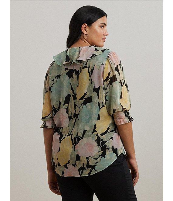 Lauren Ralph Lauren Plus Size Floral Crinkle Georgette Ruffle Trim Blouse Product Image