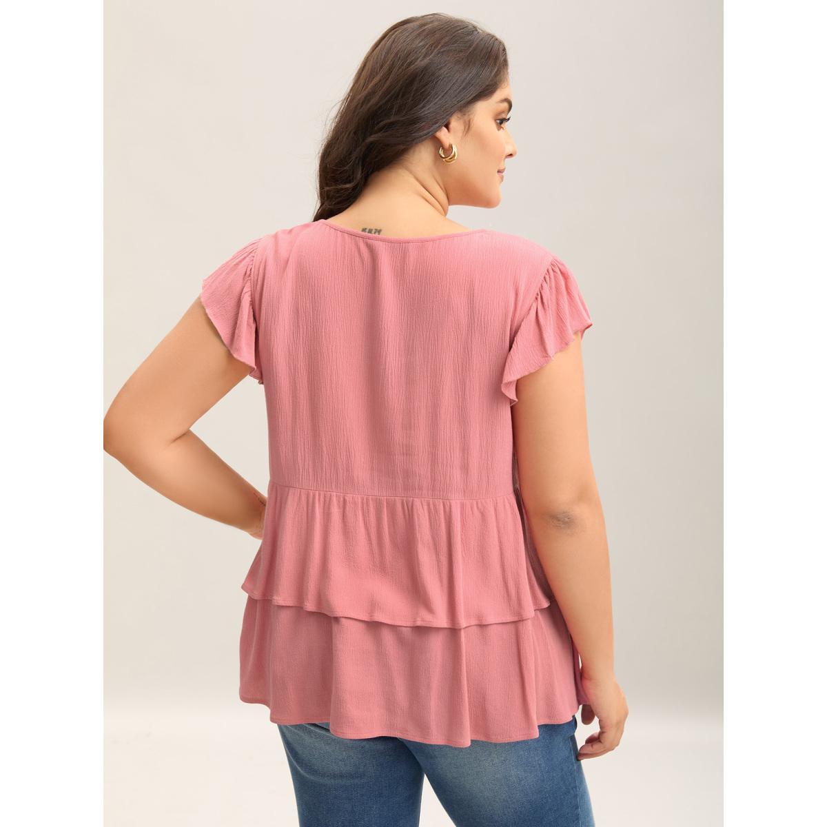 Plus Size Watermelon Rayon Ruffled Layered Hem Button Blouse Women Cap Sleeve V-neck Elegant Blouses BloomChic 26/4X Product Image