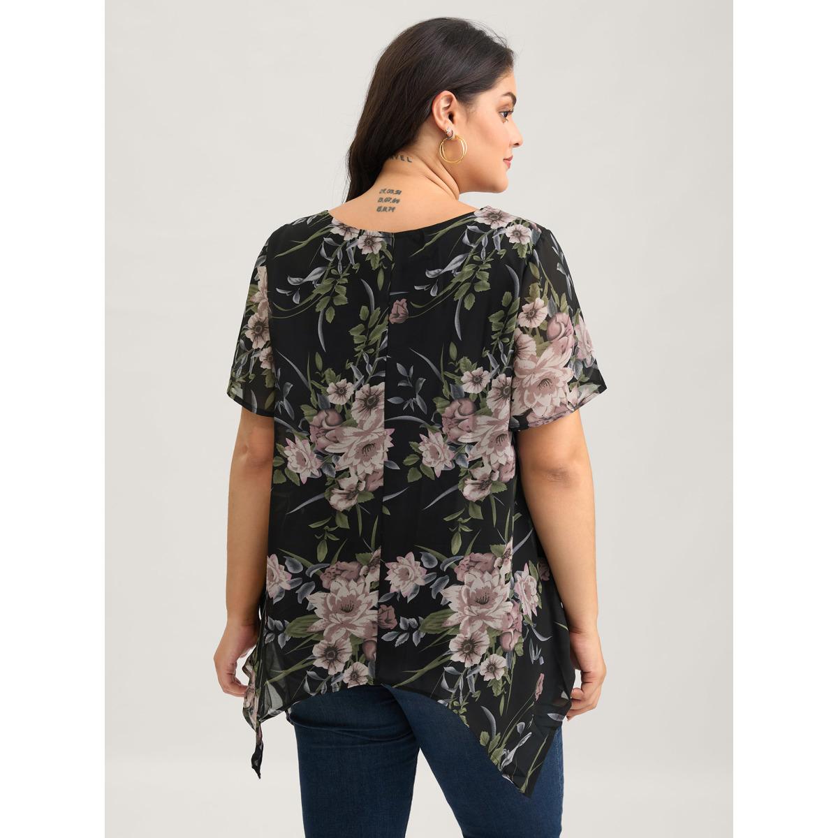 Plus Size Black Chiffon Floral Crisscross Hanky Hem Blouse Women Romantic Short sleeve V-neck Elegant Blouses BloomChic 14-16/1X Product Image