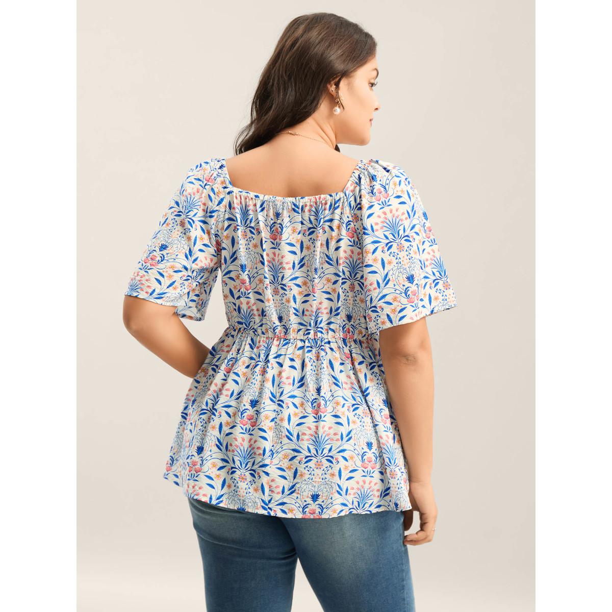 Plus Size Skyblue Floral Print Ruched Bodice Blouse Women Timeless Half Sleeve Notched collar Elegant Blouses BloomChic 26/4X Product Image