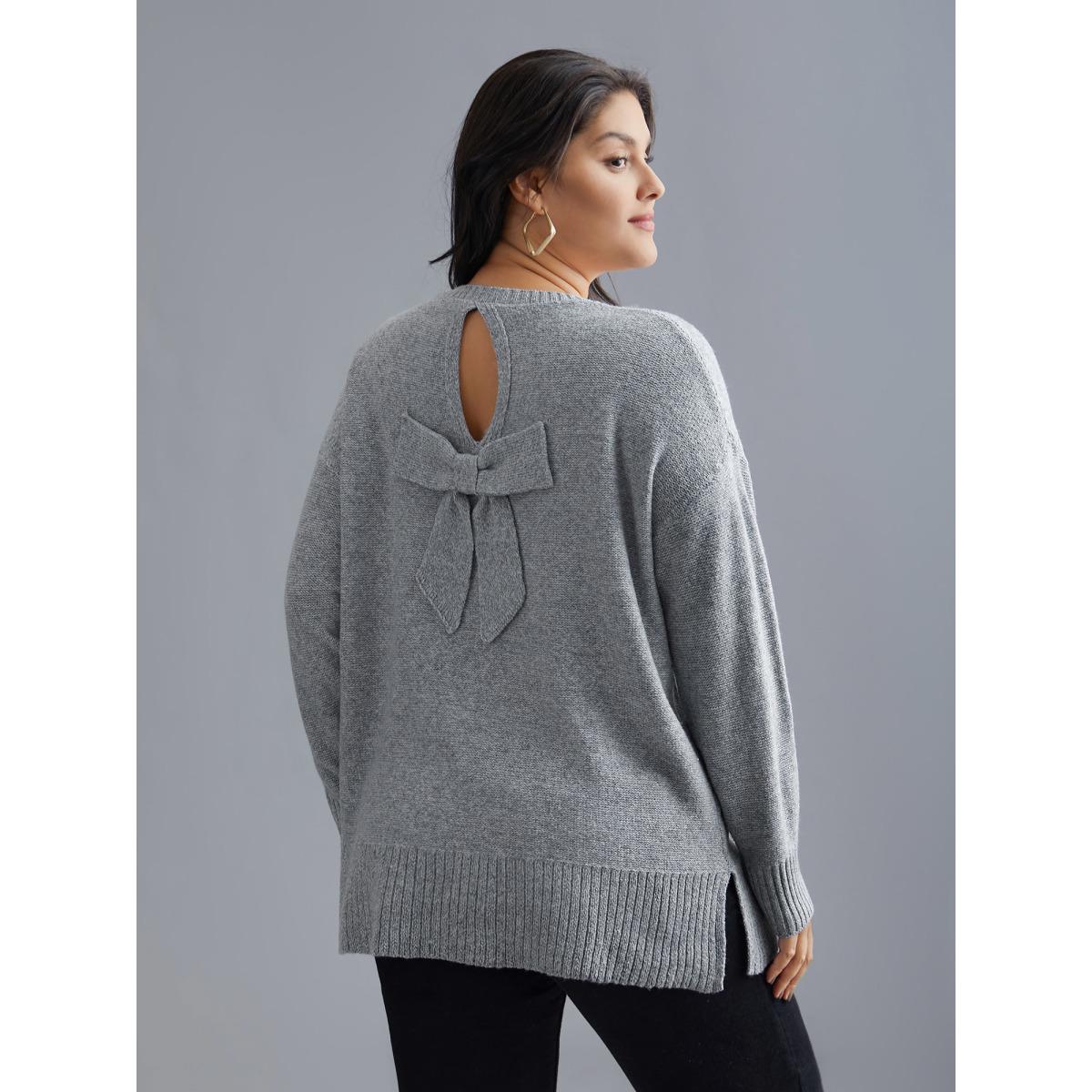 Plus Size Texture Bowknot Cut Out Slit Hem Pullover LightGray Women Leisure Loose Long Sleeve Round Neck Casual Pullovers BloomChic 30/6X Product Image