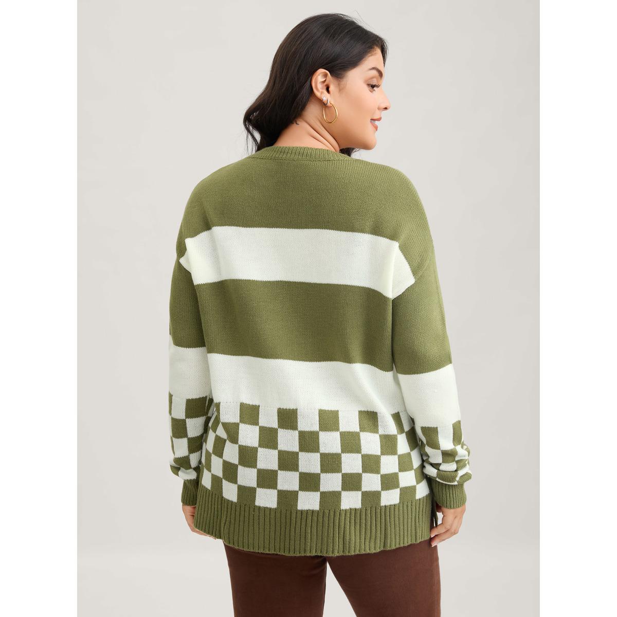 Plus Size Colorblock Contrast Round Neck Split Hem Pullover Moss Women Casual Loose Long Sleeve Round Neck Everyday Pullovers BloomChic 14-16/1X Product Image