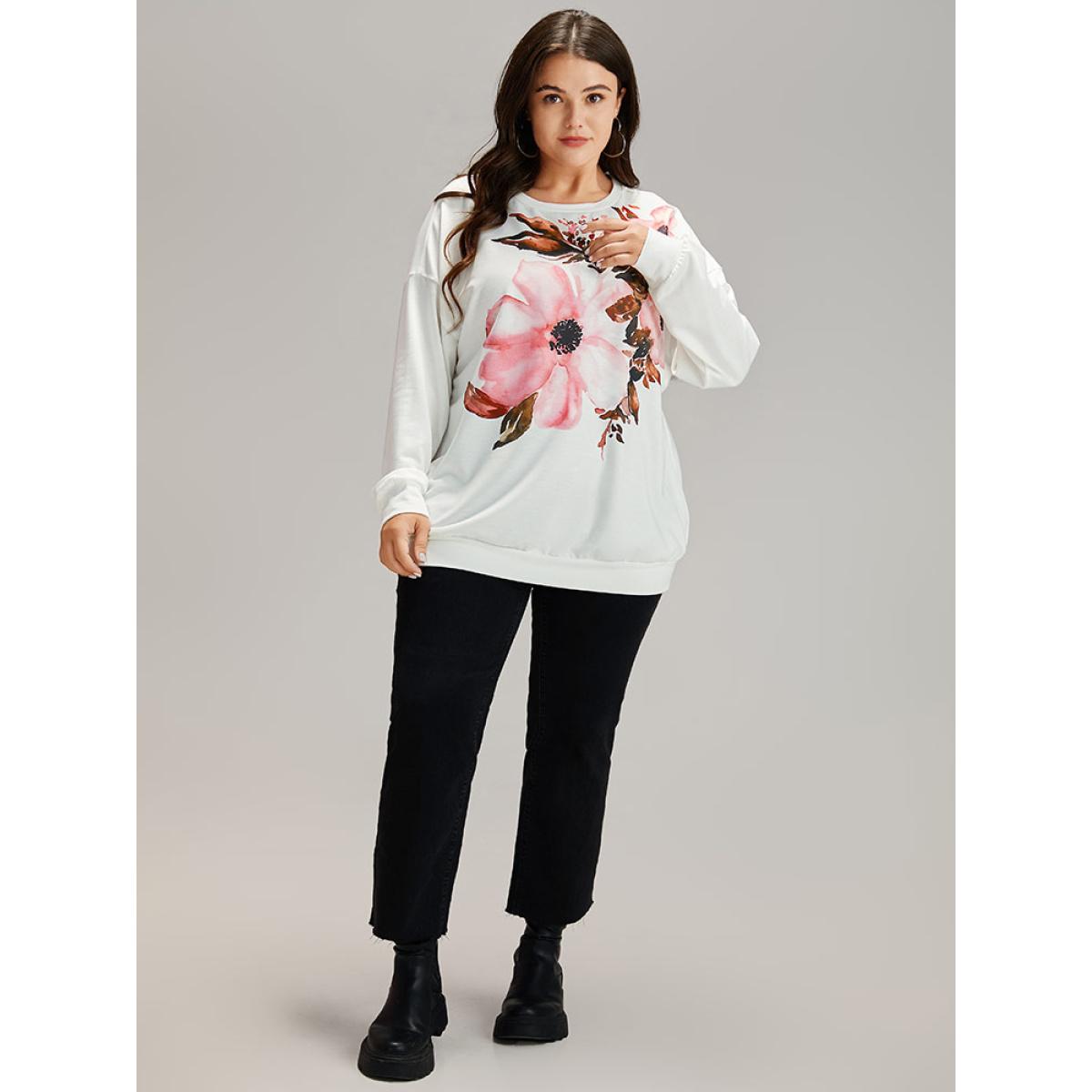 Plus Size Floral Round Neck Elastic Cuffs Sweatshirt Women White Casual Elastic cuffs Round Neck Dailywear Sweatshirts BloomChic 18-20/2X Product Image