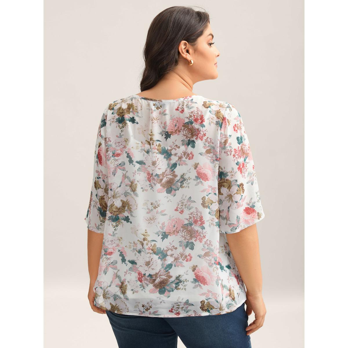 Plus Size Ivory Large Flower Print Sheer Lined Shirt Women Half Sleeve V-neck Everyday-Elegant Blouses BloomChic 28/5X Product Image