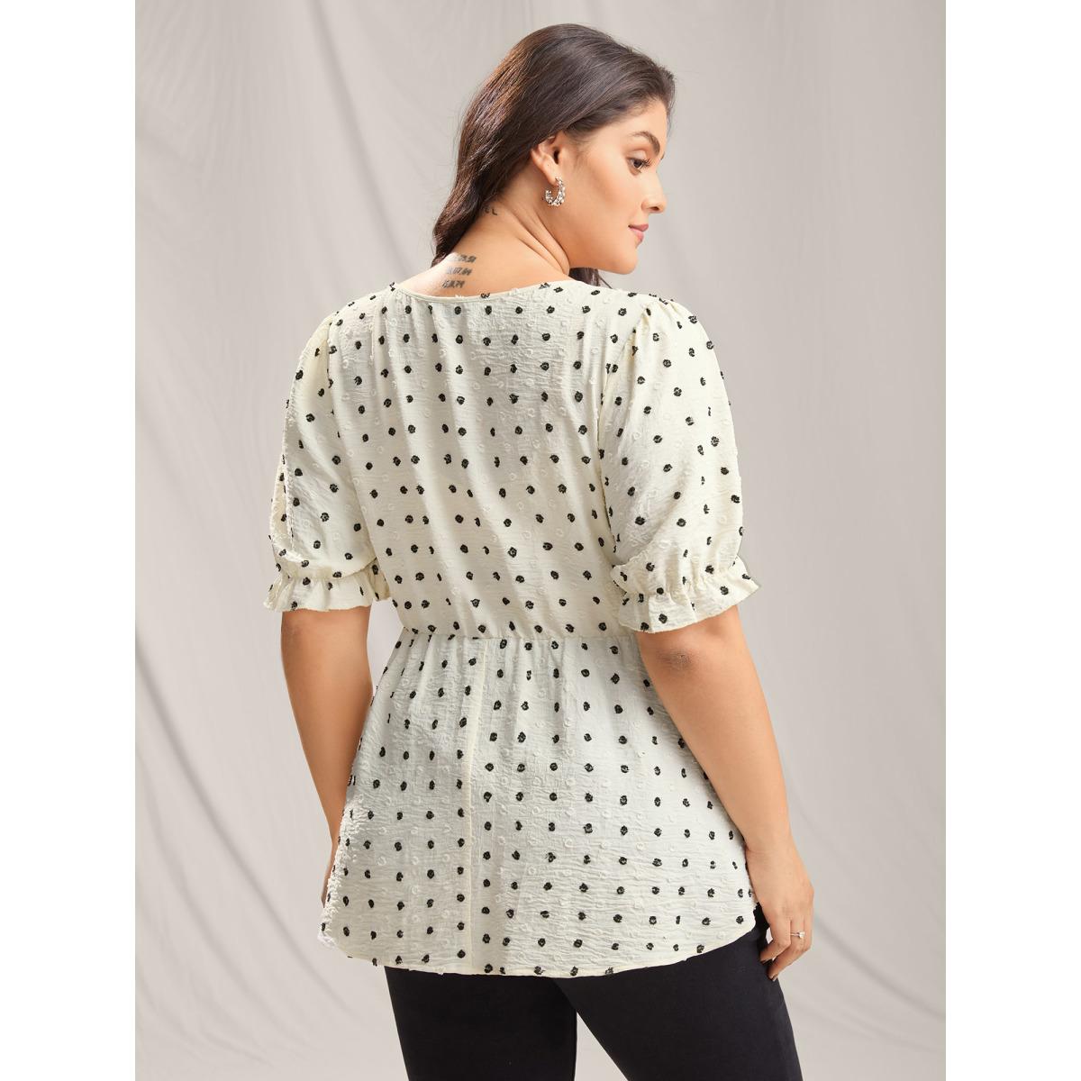 Plus Size Ivory Polka Dots Print Neck Tie Blouse Women Short sleeve V-neck Everyday-Elegant Blouses BloomChic 12/L Product Image