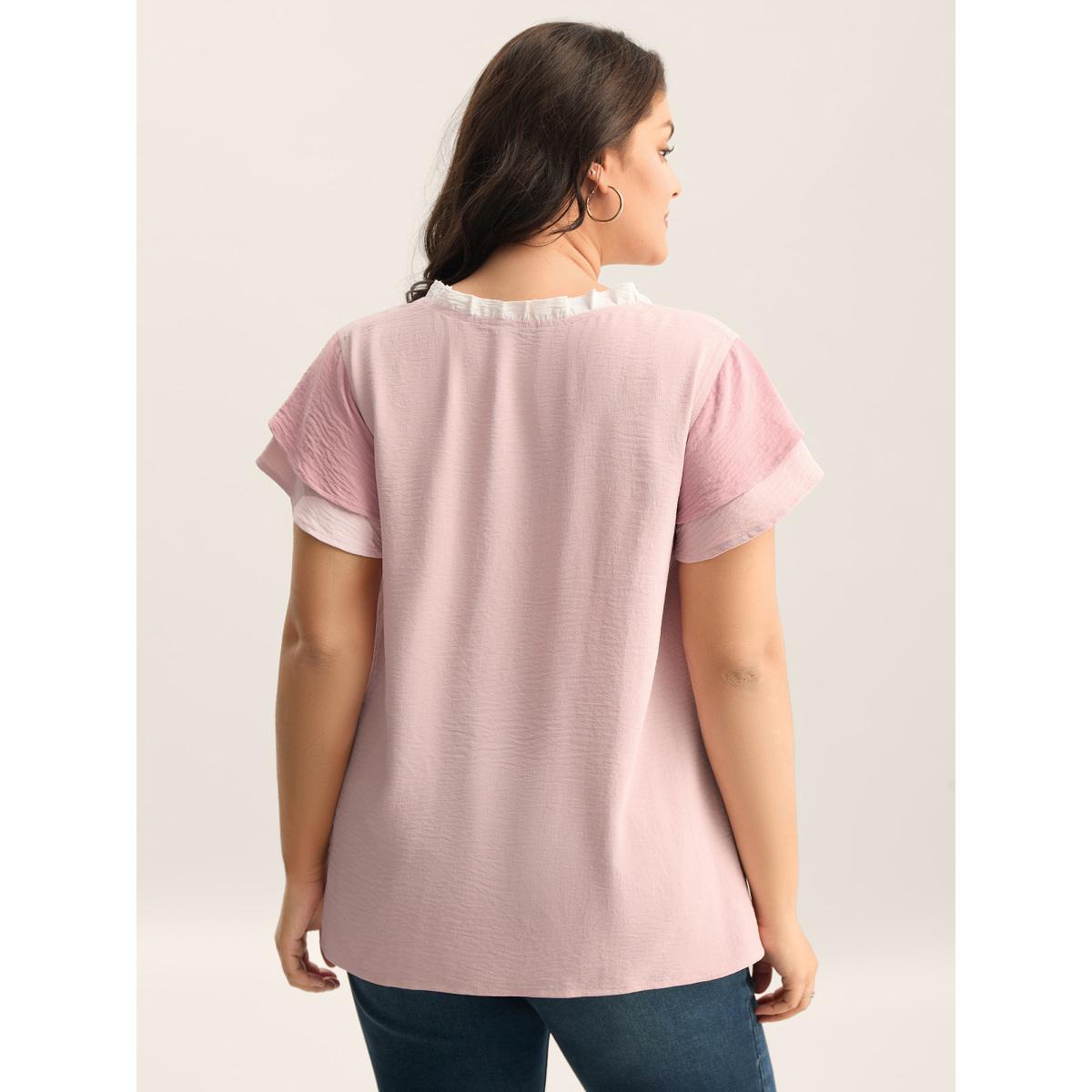 Plus Size Nudepink Color Contrast Ruffled Notched Collar Blouse Women Short sleeve Notched collar Everyday-Elegant Blouses BloomChic 10/M Product Image